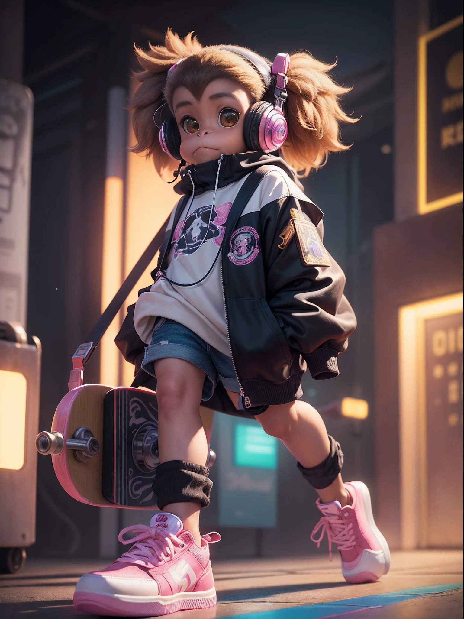 "(Photorealistic:1.4),(cute-style:1.2),A monkey, club lighting,Pastel ternary colors,Detailed club background,Skateboarding monkey,Magical upper body,cropped legs,Monkey hair,Futuristic machines,Skateboard shoes,glowing headphones,OC Render,Ray traching,high qulity,High detail,A high resolution,8K"