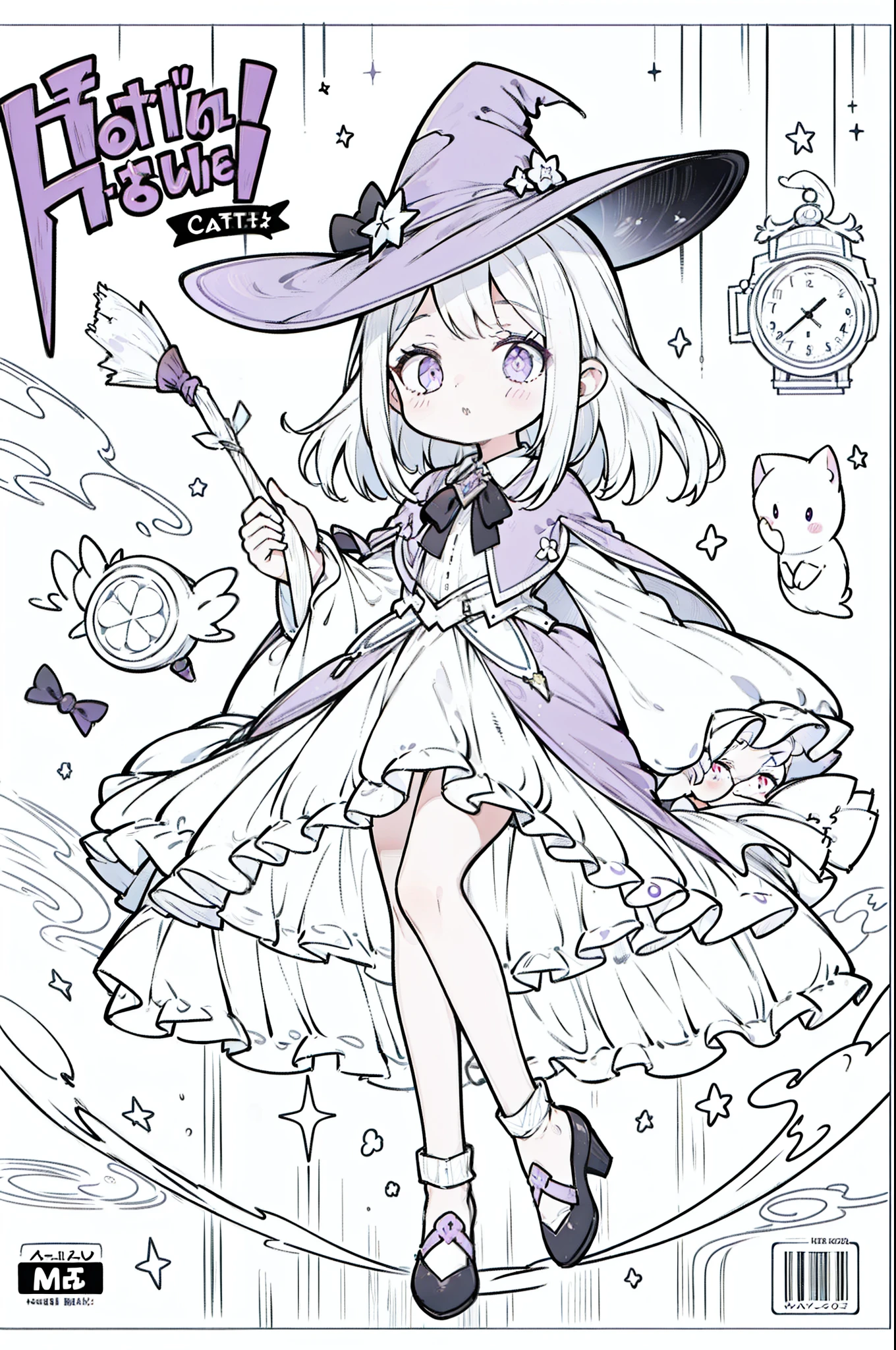 ((Multiple texts))、1 girl in、((Cartoon cover))、((Cartoon title))、(One Point Purple)、From head to thigh、masterpiece、Top image quality、top-quality、White medium、witch outfit、witch's hat、cute little、Human ear、2Book Legs、(black-and-white)