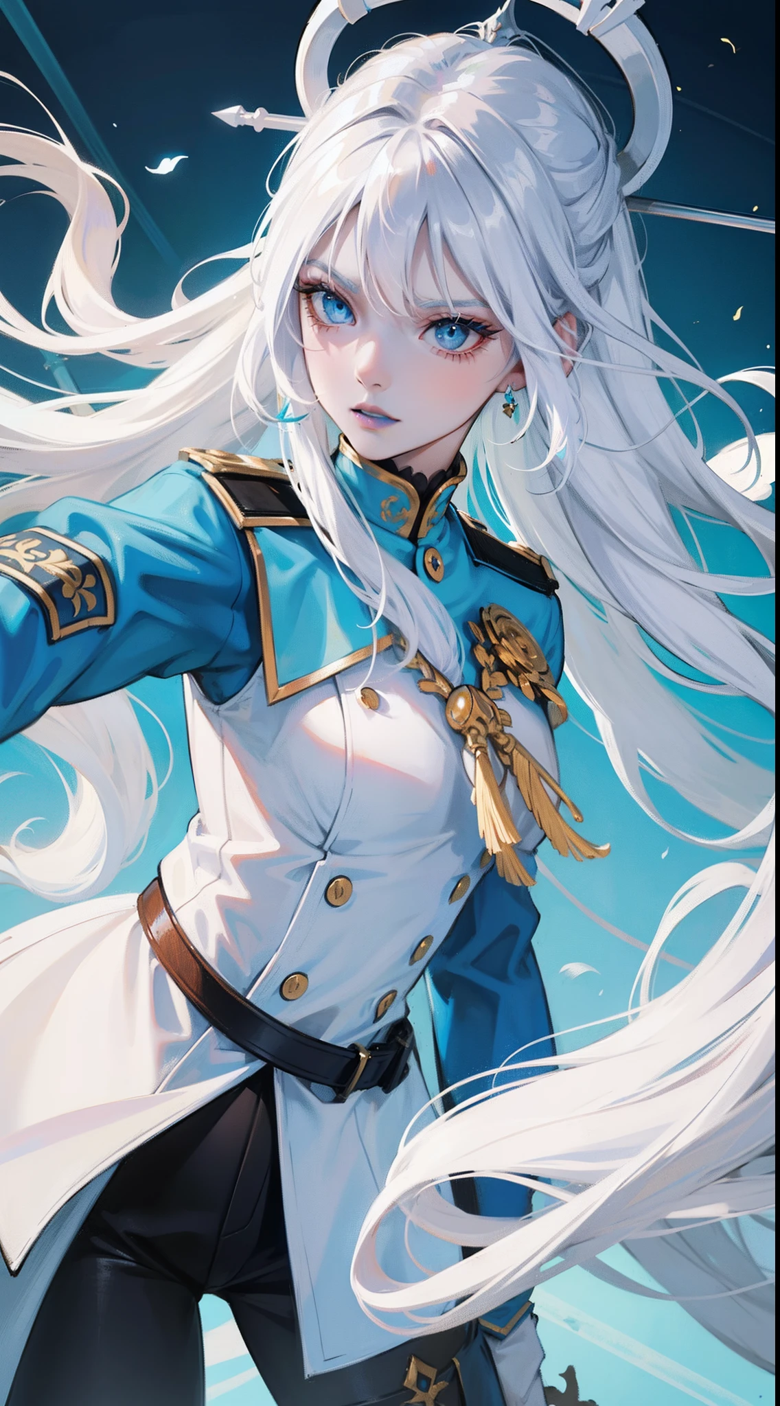 Adult Woman, long white hair, cyan eyes, White General Uniform, spear, Blue Lipstick, irate, masutepiece, hiquality