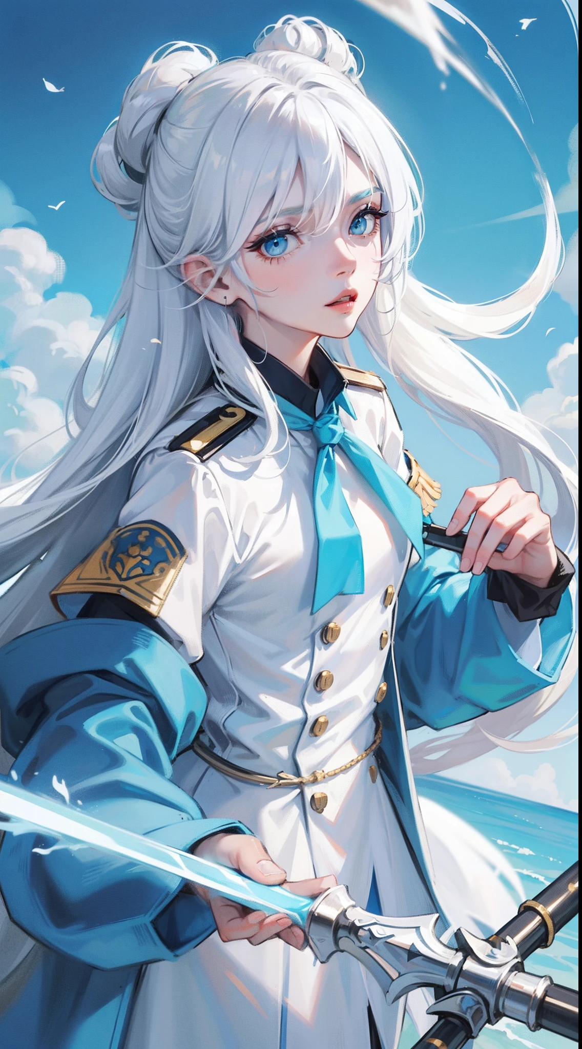 Adult Woman, long white hair, cyan eyes, White General Uniform, spear, Blue Lipstick, irate, masutepiece, hiquality