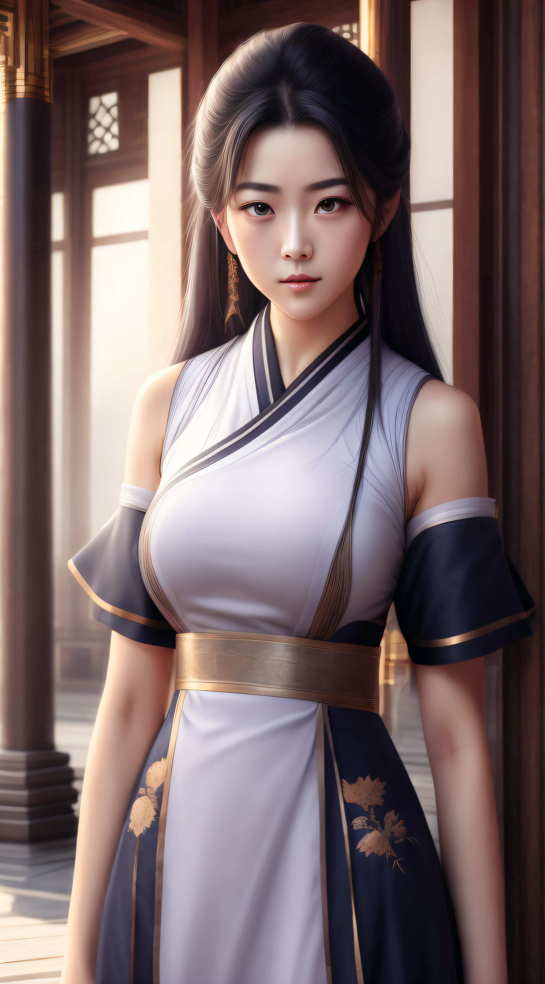 Best quality,masterpiece,ultra high res,(photorealistic:1.4),anime girl,shoulder,charming,Looking at the camera,xiuxian,weapon,east asian architecture,sheath,architecture,