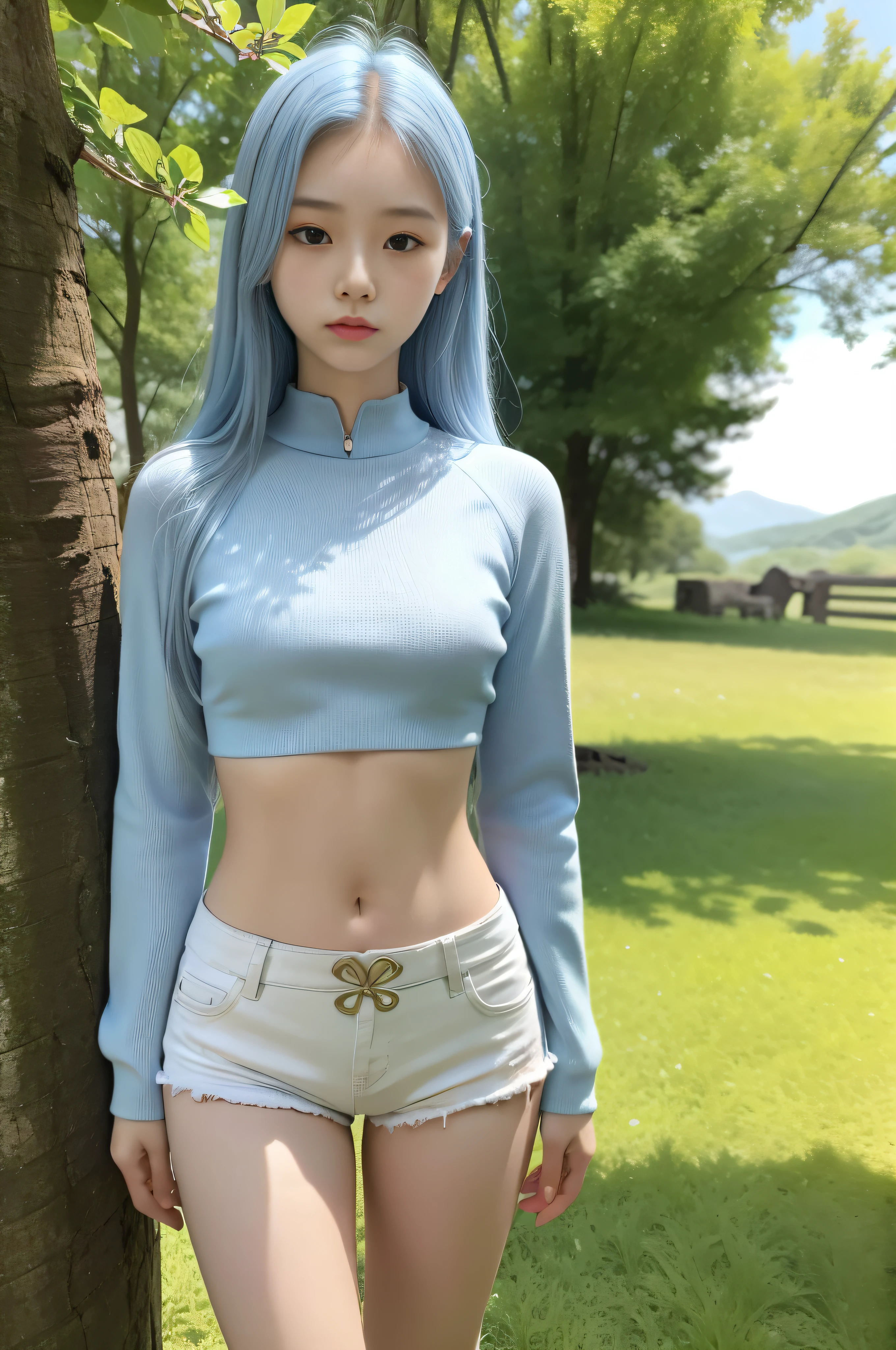 full body, A korean young girl in a fantasy world, yo, 15orean young girl is in a field, fantasy field, small breast, petite figure, long light blue hair, tight white armor that expose midriff, midriff exposed, white shorts, small tits, ((thin-waist)), a small face