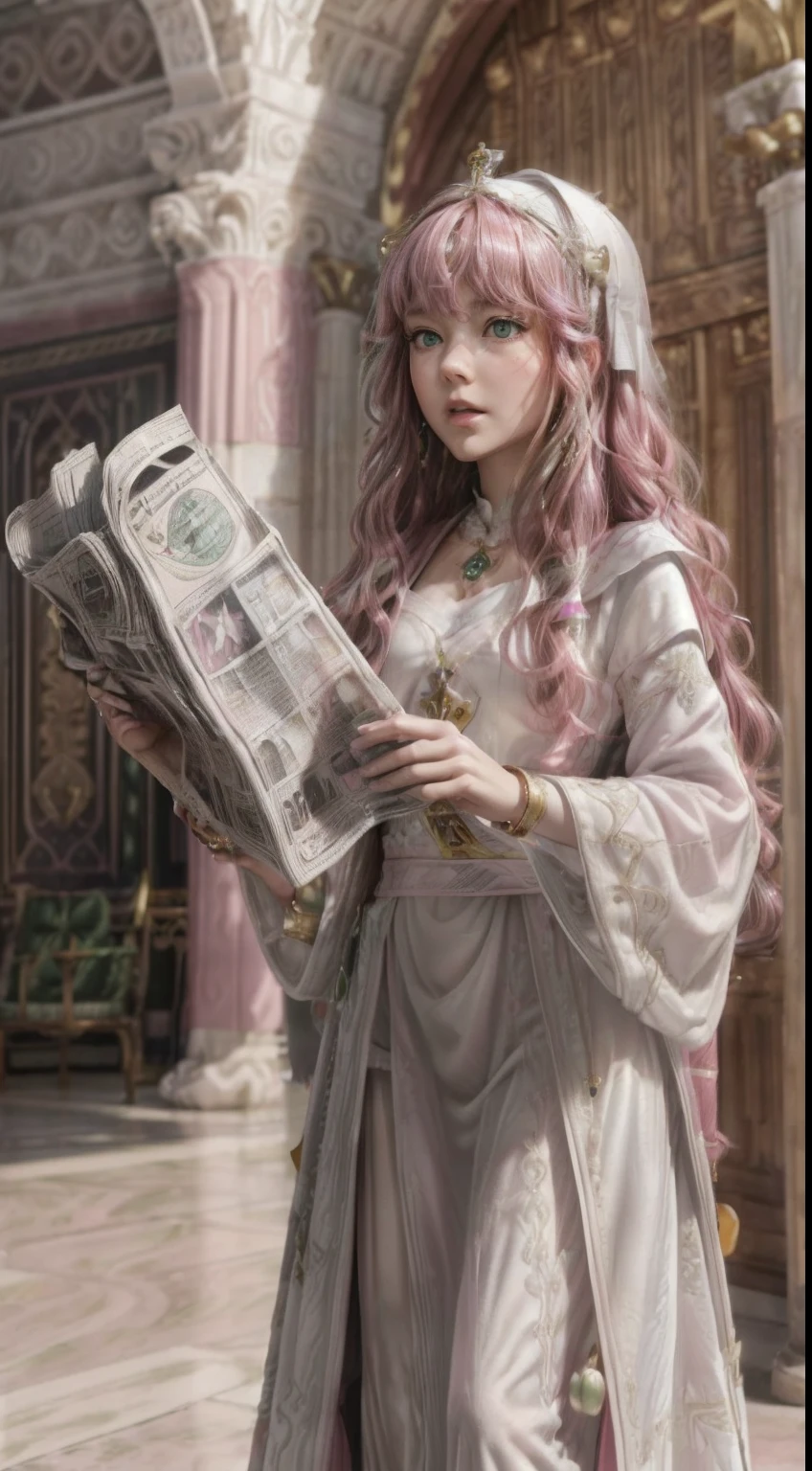 masterpiece, Highly detailed, super realistic, detailed background, bright Lighting, Daylight, beautiful face, beautiful eyes,
 medieval style, 4k, 8k, 1girl, solo, 
(14-years-old magical princess:1.2), (pretty face),(pink-wavy-hair and green-eyes:1.5),
wearing (White Archbishop's ceremonial long dress:1.5), (Golden bracelet), (tube top), (Necklace), (Jewelry), (slender:1.5),
 (small breasts), (pretty face), (loli), (looking away),(Roman sandals:1.5),
(in the Royal Palace Living Room),(Standing up and reading the newspaper:1.5),
(surprised),(Open mouth),