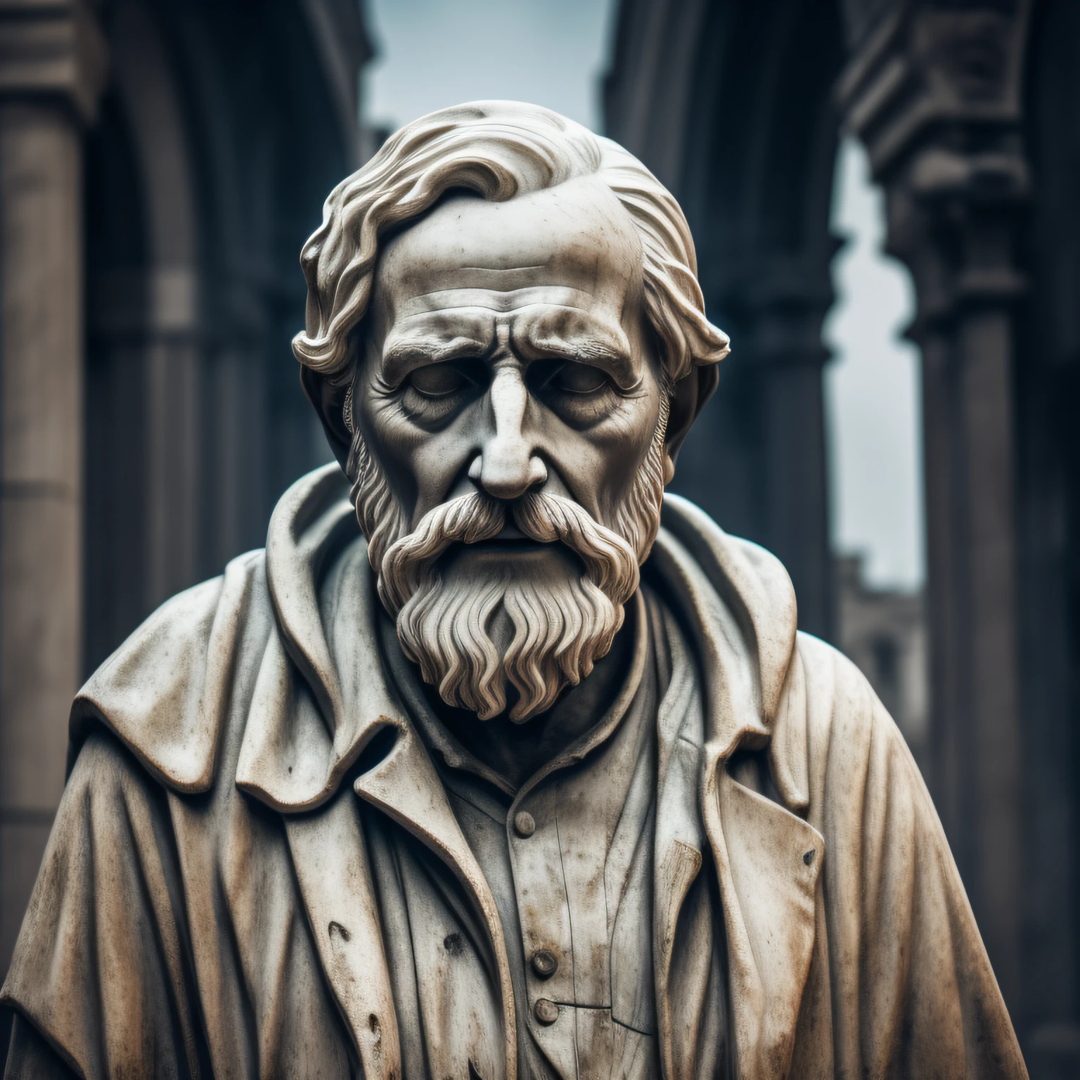 A realistic White marble statue of an old man talking to a poor boy wearing torn clothes and a suffering face. fundo neutro, Moody, fotorrealista, super detalhada, Hiper realista, luzes brilhantes, 8k