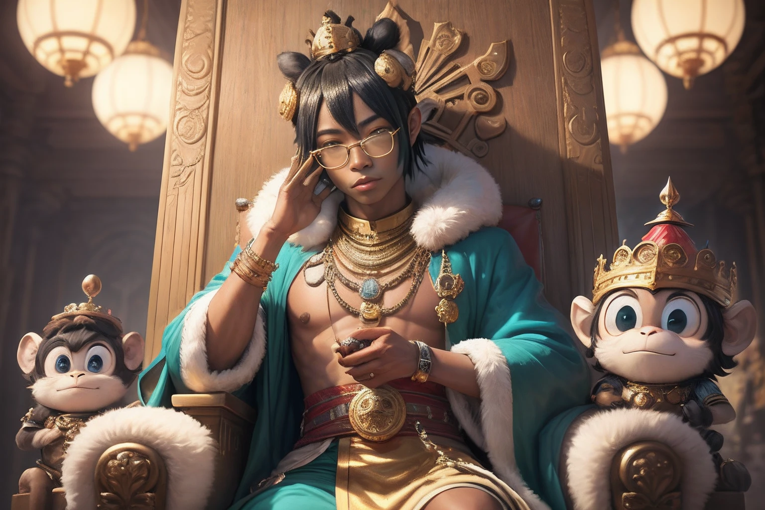 a throne,The king,gorillaz,Face full of fluff,Monkey King image,Fashionab,Pedras preciosas, eye glass, gold watch, jewelry necklace。