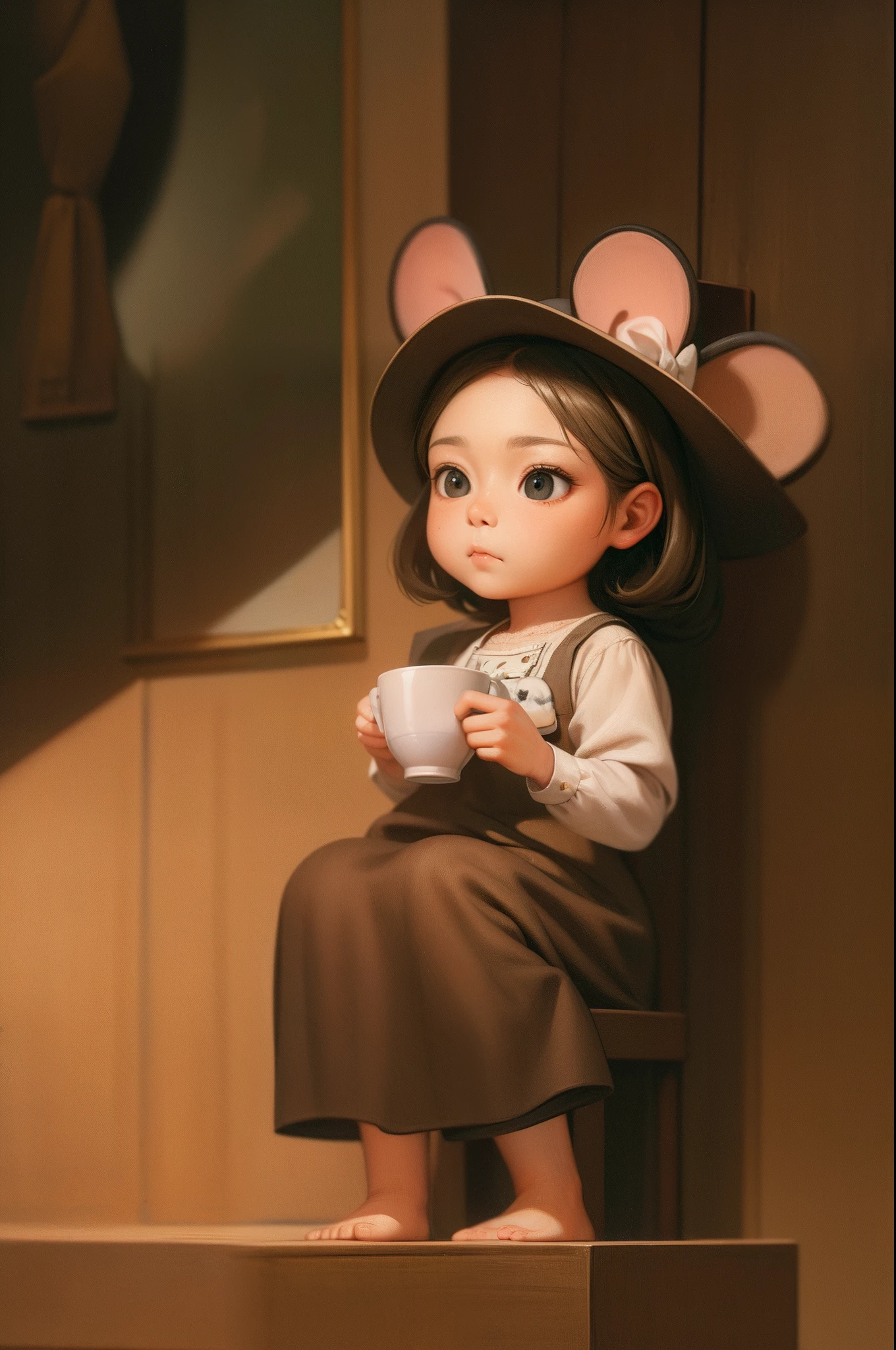 A  sat on wood, holding a cup of coffee in her hand and wearing a hat with mouse ears. Realism, a realistic painting, the best quality, masterpiece, original, extremely detailed wallpaper, perfect lighting