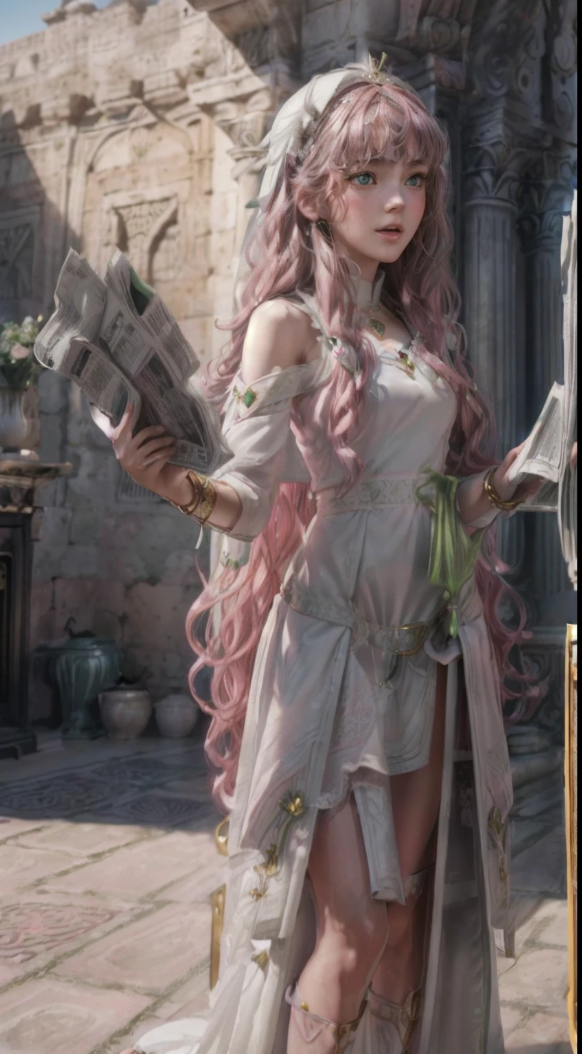 masterpiece, Highly detailed, super realistic, detailed background, bright Lighting, Daylight, beautiful face, beautiful eyes,
 medieval style, 4k, 8k, 1girl, solo, 
(-yeld magl princess:1.2), (pretty face),(pink-wavy-hair and green-eyes:1.5),
wearing (White Archbishop's ceremonial long dress:1.5), (Golden bracelet), (tube top), (Necklace), (Jewelry), (slender:1.5),
 (small breasts), (pretty face), (loli), (loing away),(Roman sandals:1.5),
(in the Royal Palace Living Room),(Standing up and reading the newspaper:1.5),
(surprised),(Open mouth),