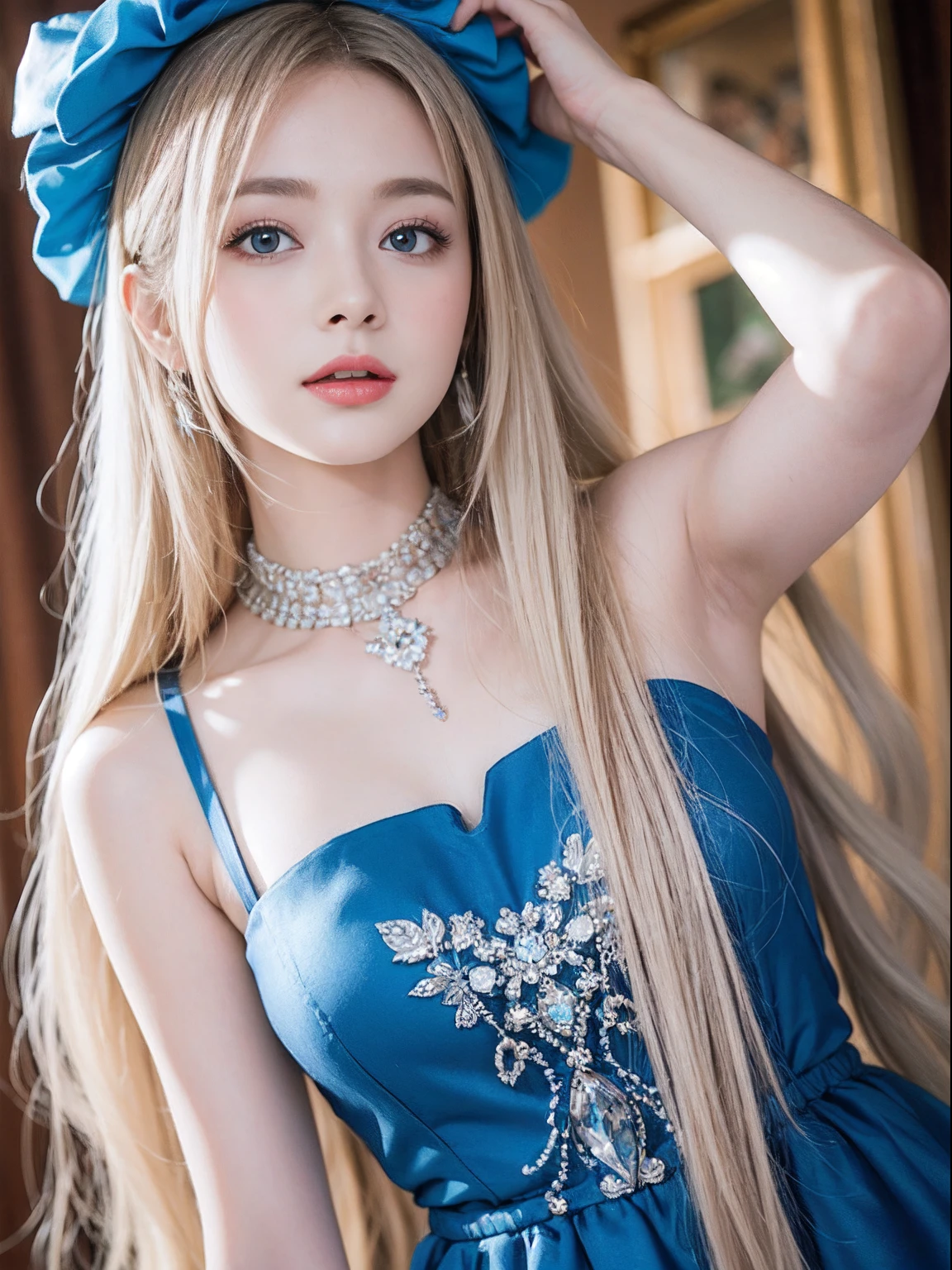 portlate、Alice in Wonderland、Blue sky、Bright and very beautiful face、Young shiny shiny white shiny skin、Best Looks、Platinum blonde hair with dazzling highlights、finer hair、beautiful long back hair that is very straight,,,,,、Super long silky straight hair、Beautiful bangs that shine、Glowing crystal clear big blue eyes、very beautiful nice beautiful girl、White Apron、Blue Dress