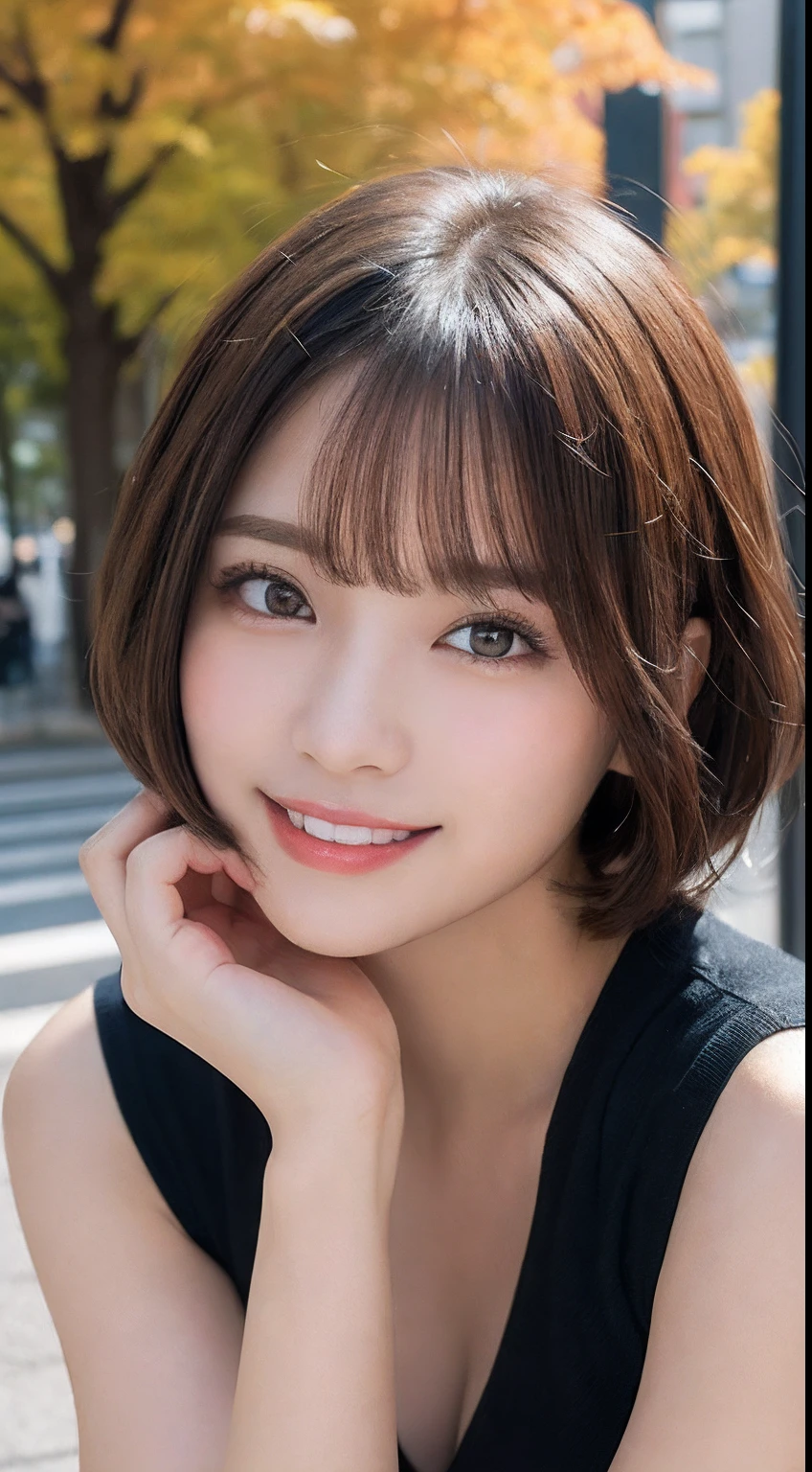masutepiece, Best Quality, Illustration, Ultra-detailed, finely detail, hight resolution, 8K Wallpaper, Perfect dynamic composition, Beautiful detailed eyes, Women's Fashion Autumn,Short bob hair,Small breasts natural color lip, Bold sexy poses,Smile,Harajuku、20 years girl、Cute、Subject looking at sexy pose on camera