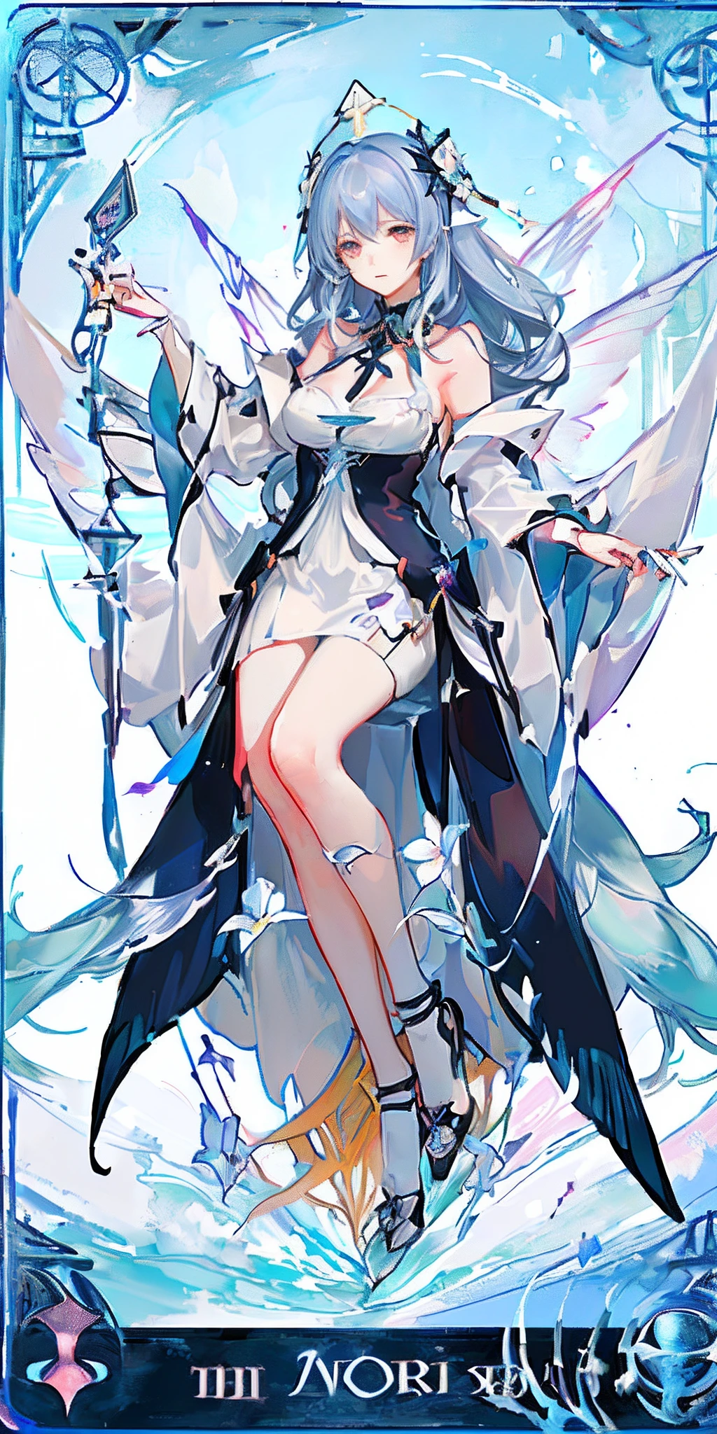 (the golden ratio:1.2),(Rose graffiti:1.2),(Fault color:1.3),[(White background:1.4)::10],(full bodyesbian:1.2),(ultradetailed:1.3),(Paper:1.2),(faeries:1.6),(Fairy wings:1.2),full bodyesbian,Dangling,(mizore:1.2),(Long red hair),(Butterfly hair ornaments),(Floral hair ornaments:1.0),((sandals,medalion)),(Colorful cocktail dress:1.0)+(Loose-fitting sleeved jacket:1.3)+(Fluttering colored tassels and ribbons:1.2 ),(White stockings:1.2),(Colored ink paper flowers:1.2),(Sea of colorful flowers:1.3),(Chaotic geometry:1.3),(Negative space:0.8),(Drawing board:1.3 ), (Etheric color ink flows:1.3),full_Body, blue hairs, Very long hair,(huge_breasts1.9),cropped shoulders,Blush,Red_Eyes,ahoge, Side Chest,Upturned_Eyes,cleavage_Cutout, Thighs, zettai_ryouiki, lace-trimmed_dress,White_dress, High_Heels, White_mitts, flipped_Hair,White_dress,1girll, Solo,Wings，Clock dial，White knee-length socks，long  skirt，evening formal robes，The clothes are very close-fitting，Aqua blue hair， highly accurate，(tarot cards:1.6),(magestic(tarot cards):1.6),Fleshy thighs,