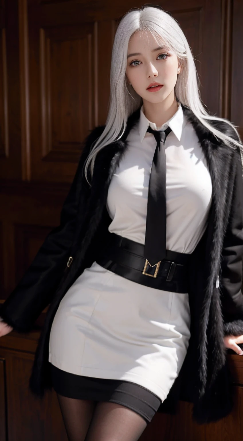 Photorealistic, High resolution, 1 Women, Solo, hips up high, Beautiful eyes, Close lips, Detailed face, White hair, Long hair, Collared shirt, black necktie,Black skirt, pencil skirts, Fur coat, Black stockings