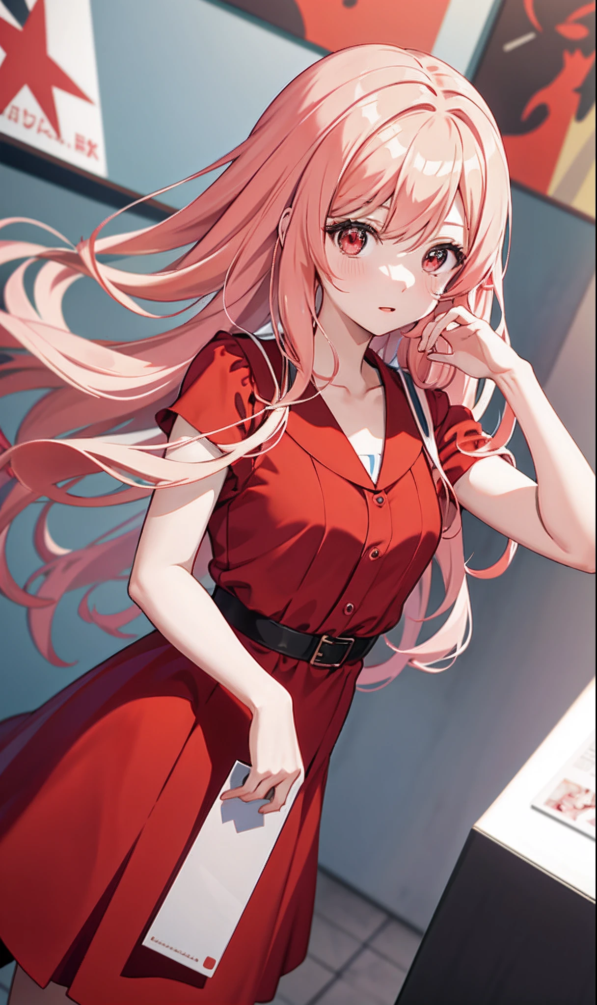 Anime girl in red dress,Put hands together andpray, hanayamata, anime visual of a cute girl, (Anime girl), An anime girl, close up of a young anime girl, up of young anime girl, anime still film anime shikishi, shuushuu anime image, Anime style. 8K, close up iwakura lain