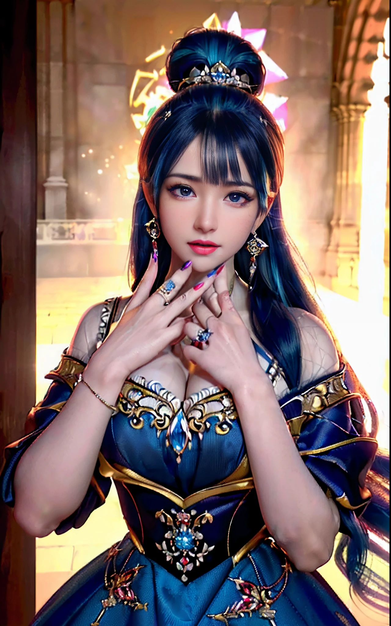 ((realisticity: 1.2)), ((realistic: 8K UHD)), ((best resolution: 8K UHD)), hyper detailed, best quality,masterpiece,highres,cg, ((1 girl hyper detailed and hyper realistic) ) , ((beautiful queen, hyper realistic and hyper detailed)),((white skin, beautiful, smooth, youthful, hyper realistic and hyper detailed )), ((Face hyper beautiful, white, hyper realistic and hyper detailed ) ), long hair, ((hyper realistic and hyper detailed dress)), solo, ((hyper realistic, hyper beautiful, beautiful and hyper detailed jewelry)), ((hyper beautiful deep red and golden yellow dress, hyper realistic and hyper detailed )) , ((Her pretty, hyper realistic, hyper detailed diamond filled earrings)), ((Her gorgeous diamond haircut, hyper realistic and hyper detailed)), ((hyper pretty upper body, hyper beautiful, hyper realistic and hyper detailed) ), ((medium breast: 1.1)), ((hyper realistic, hyper pretty, hyper detailed boobs)), ((the backgroun of the royal palace is hyper majestic, hyper realistic and hyper detailed)),((hands and palms hyper beautiful, hyper detailed, hyper realistic)), ((hyper detailed and hyper realistic fingers and fingernails)), ((hyper pretty fingernails, hyper vivid, hyper detailed, hyper realistic)), ((thumb, index finger, middle finger, ring finger, little finger hyper vivid, hyper pretty, hyper detailed, hyper realistic)),
((hyper beautiful fingers, hyper detailed, and hyper realistic)), ((posture not too fat and not too thin, hyper realistic, hyper detail)), ((hyper pretty, hyper pretty, hyper realistic and hyper detailed hair bun)), ((hyper pretty , hyper realistic and hyper detailed blue hair)), candid, Photo, high resolution, 8k , bokeh,