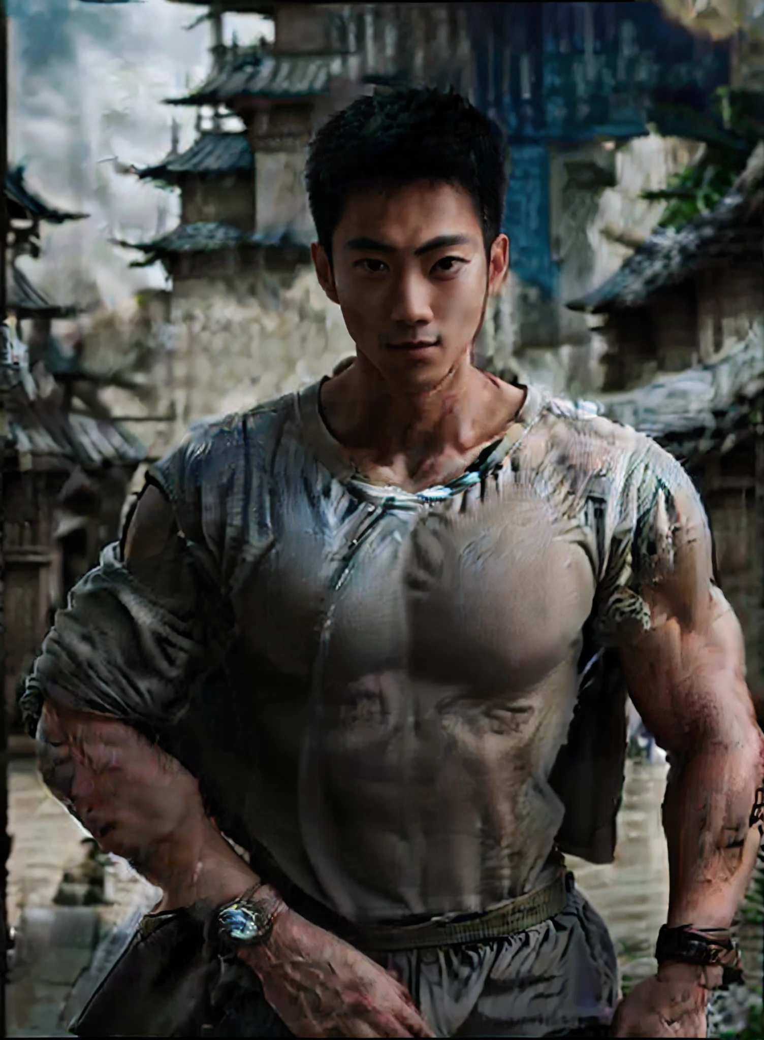 Alafeld Asian man posing for photo in tight white T-shirt, inspired by Dai Jin, Inspired by Zhang Han, zhao yun, Yan, Male Warrior, inspired by Zhao Zuo, ruan jian, Chinese Warrior, Bo Feng, Chen Zezhou, inspired by Li Gonglin, ryan jia, Warrior man, Lu Ji, powerful warrior