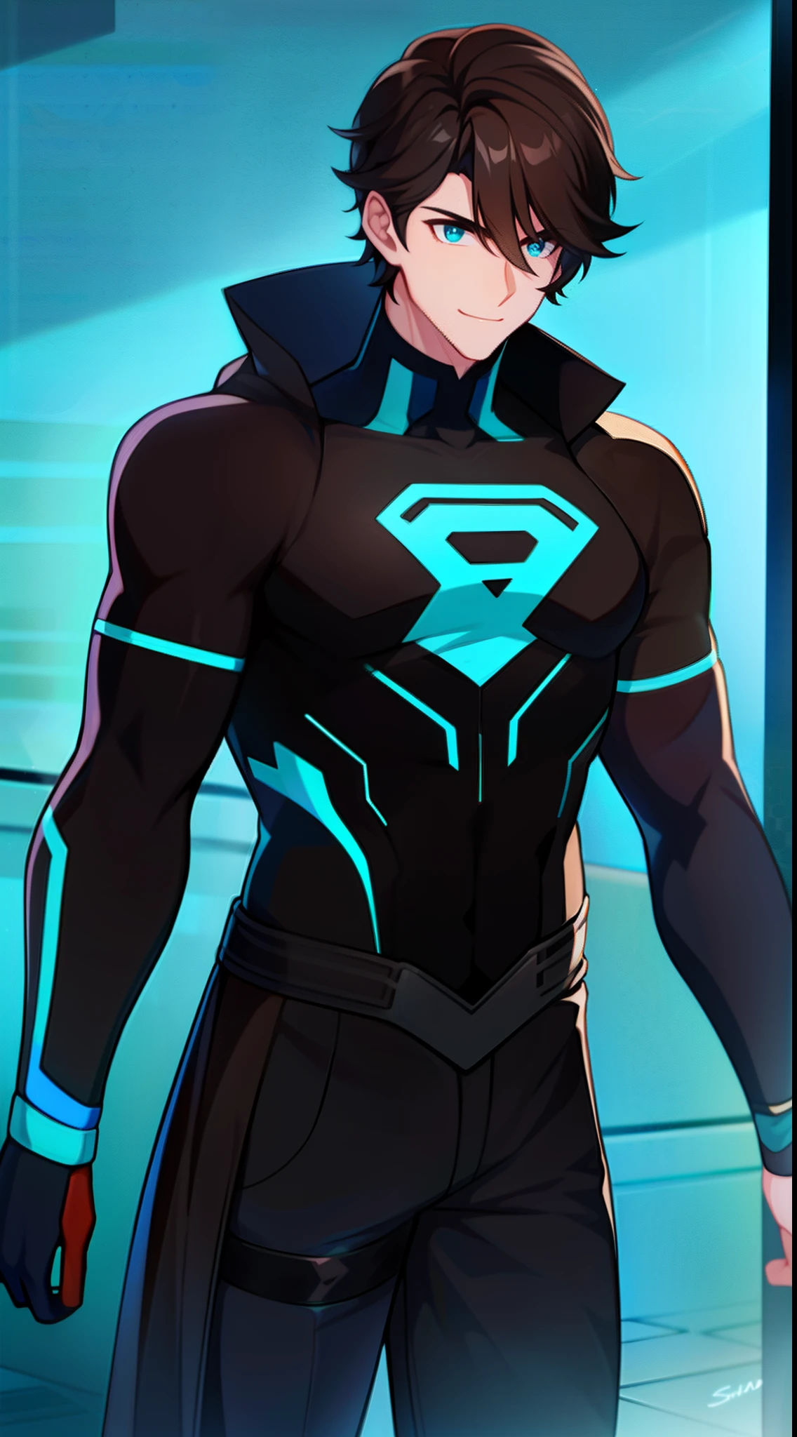 Young guy, short brown hair, Cyan eyes, brawn, Black Superman Costume, ssmile, Masterpiece, hiquality