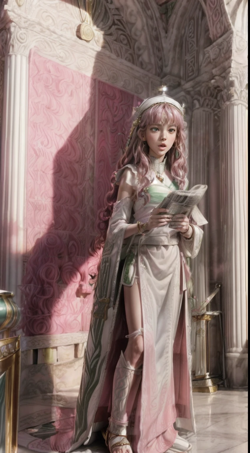 masterpiece, Highly detailed, super realistic, detailed background, bright Lighting, Daylight, beautiful face, beautiful eyes,
 medieval style, 4k, 8k, 1girl, solo, 
(14-years-old magical princess:1.2), (pretty face),(pink-wavy-hair and green-eyes:1.5),
wearing (White Archbishop's ceremonial long dress:1.5), (Golden bracelet), (tube top), (Necklace), (Jewelry), (slender:1.5),
 (small breasts), (pretty face), (****), (looking away),(Roman sandals:1.5),
(in the Royal Palace Living Room),(Standing up and reading the newspaper:1.5),
(surprised),(Open mouth),