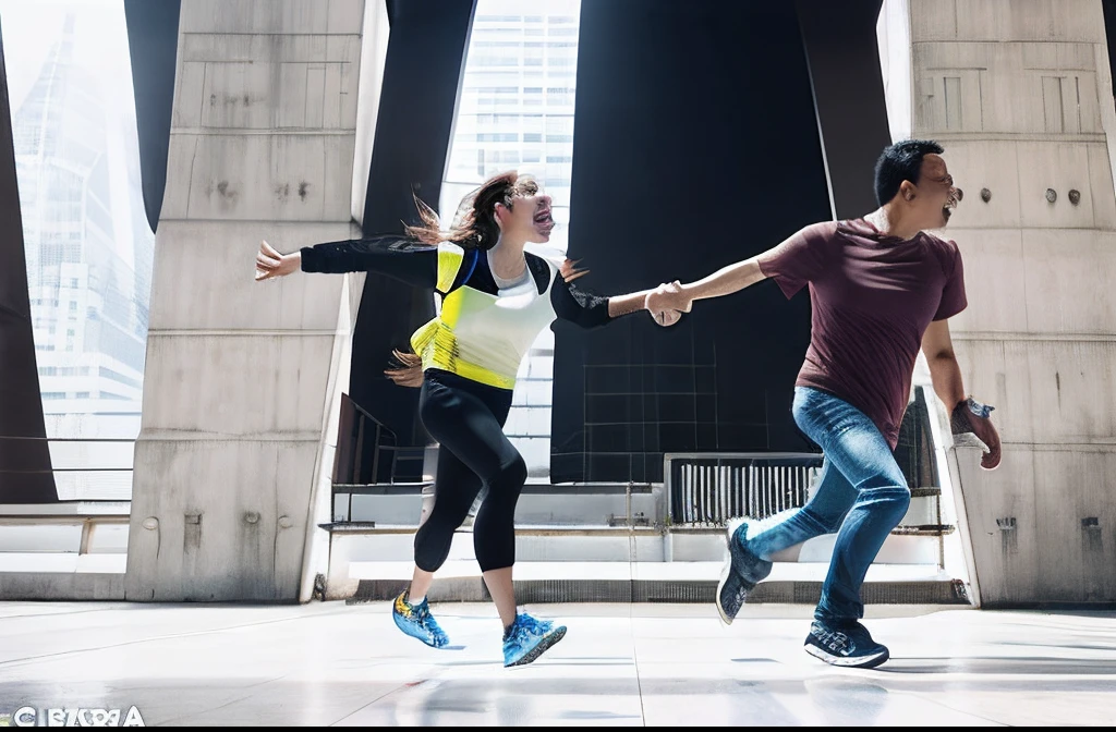 John Lloyd Cruz in a t-shirt and Bea Alonzo in a sleeveless blouse, scared face, screaming, holding hands and running, energetic, active, search, adventure, run away, chased, dynamic angle, cinematic angle, indoor, wide shot, run, huge building, dark and light, troubled eyebrows, scared, anguish, white blouse, decadent, drifting, where are we? , looking around, fisheye lens, vulgarity, open mouth