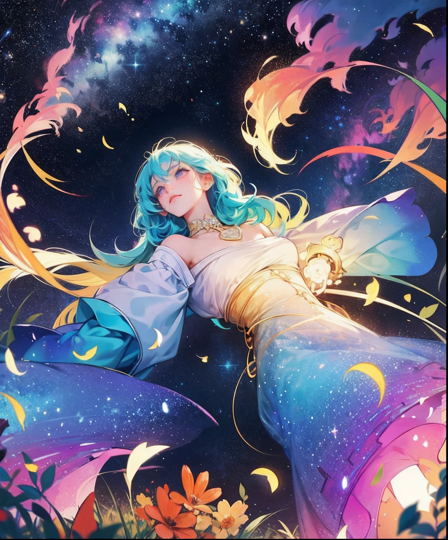 Describe a scene where a cute girl character is lying on a grassy hill, Looking up at the starry sky. Let her be surrounded by colorful nebulae and her favorite constellations.