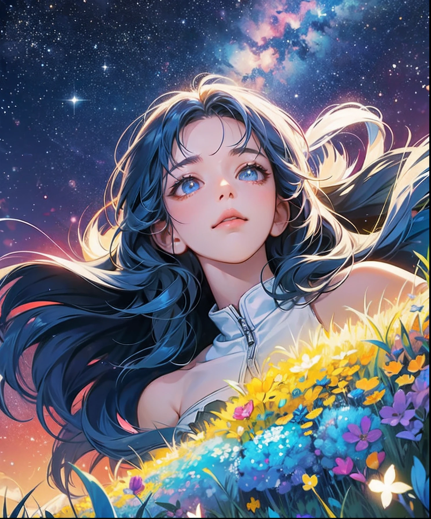 Describe a scene where a cute girl character is lying on a grassy hill, Looking up at the starry sky. Let her be surrounded by colorful nebulae and her favorite constellations.