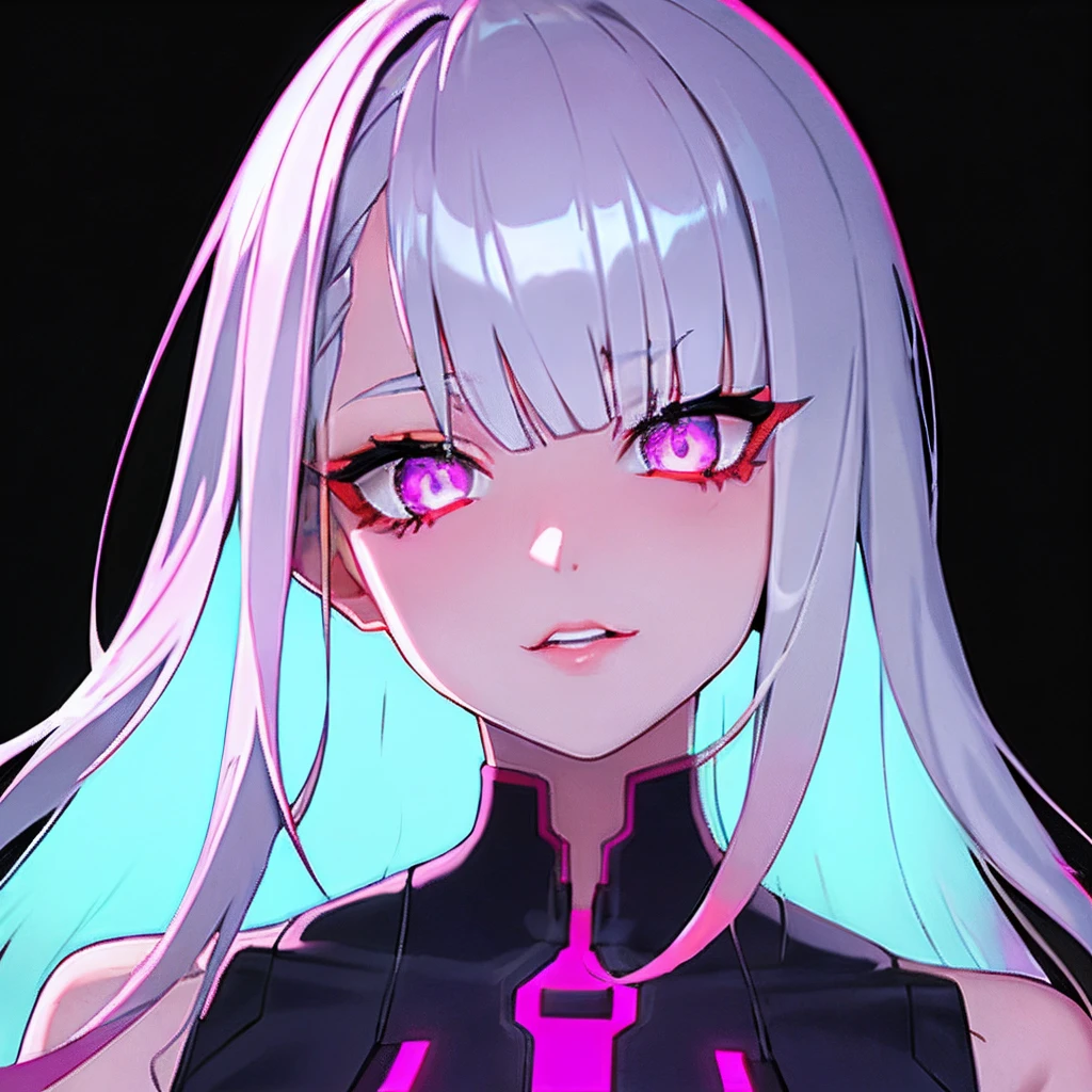 Lucy \(cyberpunked\), 1girl in, bangss, Silver hair, Colored tips, a purple eye, jaket, long-sleeve, Look at viewers, Medium Hair, facial portrait, O cabelo multicolorido, Hair flies upwards, cparted lips, partedbangs, (Mad eyes), opens his eyes wide, Half Face, Silver hair, portraitures, Pink eyeliner, Pink lips, 独奏, White jacket, cyberpunked\(Series\), Cyberpunk Edge Runner