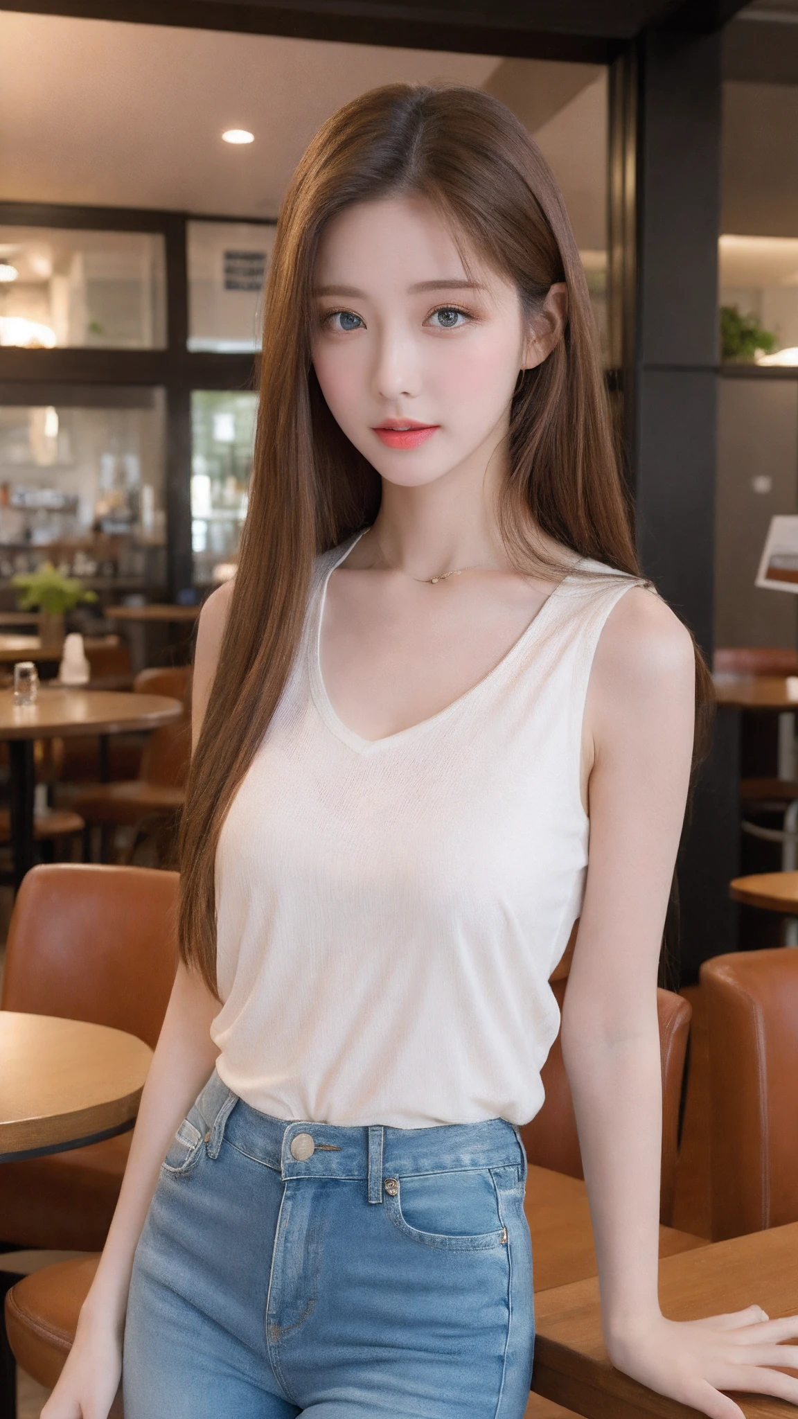 (realisticlying, A high resolution:1.3), 1 girl with a perfect body, Super fine face and eyes,long whitr hair, Tank top of random colors:1.2, short jeans pants, in a cafe, Coffee on the table, huge tit,No cleavage is exposed