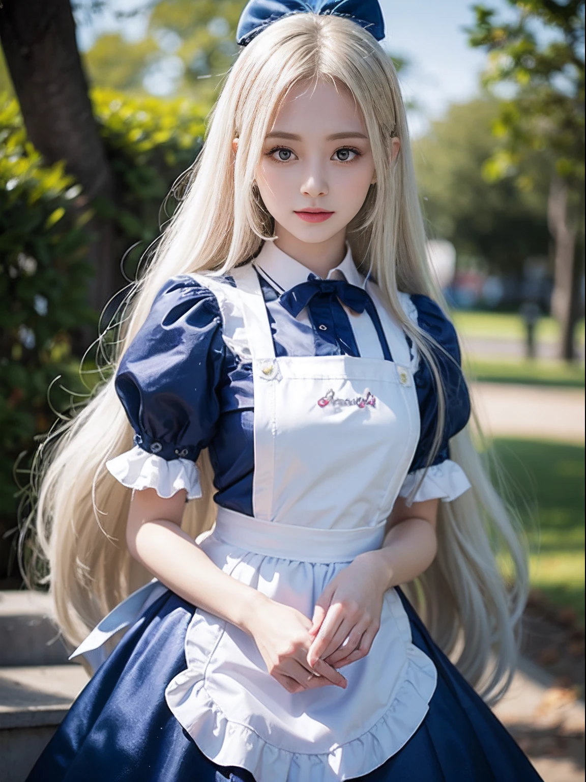 portlate、Alice in Wonderland、Blue sky、Bright and very beautiful face、Young shiny shiny white shiny skin、Best Looks、Platinum blonde hair with dazzling highlights、finer hair、beautiful long back hair that is very straight,,,,,,,、Super long silky straight hair、Beautiful bangs that shine、Glowing crystal clear big blue eyes、very beautiful nice beautiful girl、White Apron、Blue Dress