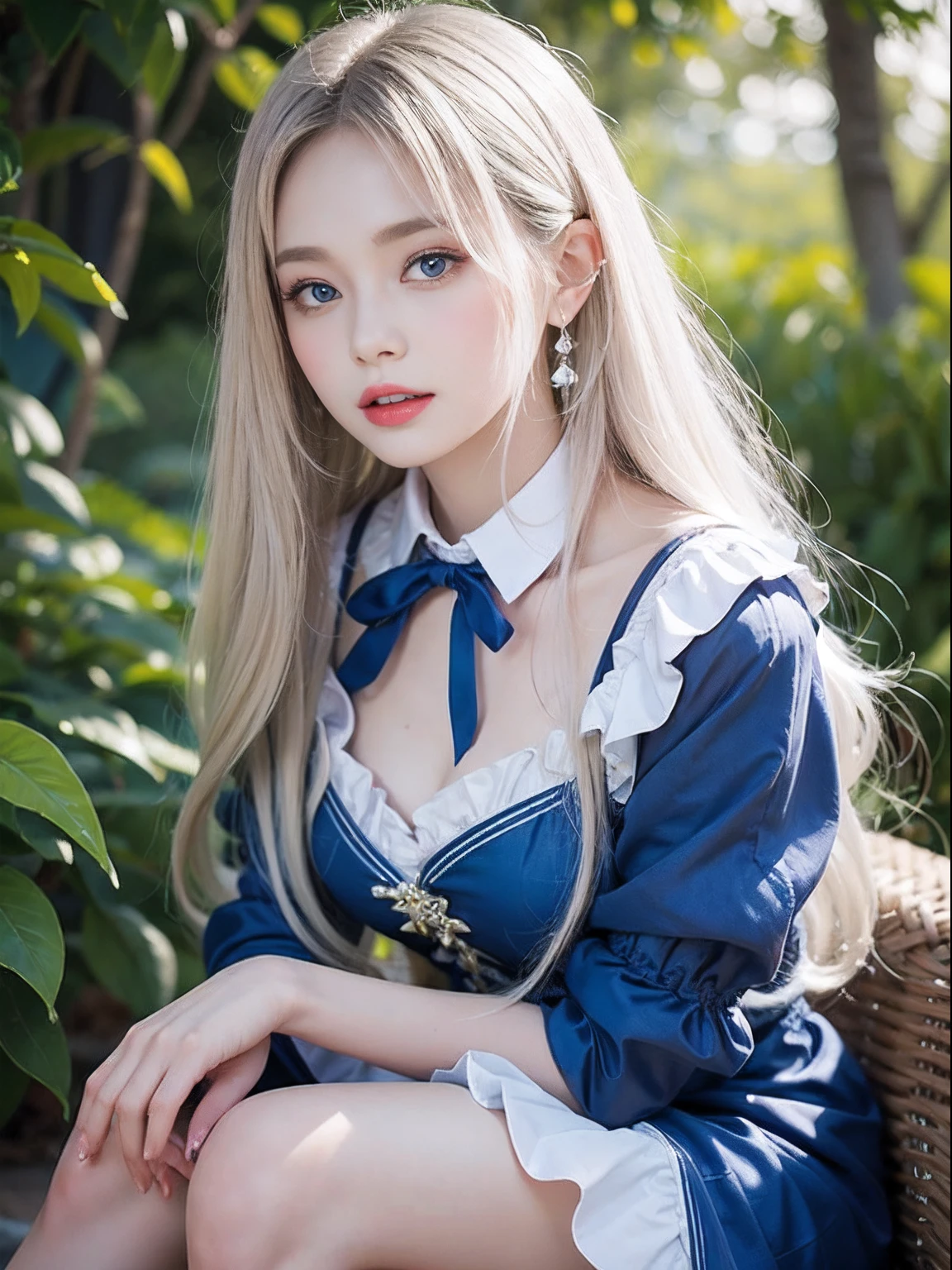 portlate、Alice in Wonderland、Blue sky、Bright and very beautiful face、Young shiny shiny white shiny skin、Best Looks、Platinum blonde hair with dazzling highlights、finer hair、beautiful long back hair that is very straight,,,,,,,、Super long silky straight hair、Beautiful bangs that shine、Glowing crystal clear big blue eyes、very beautiful nice beautiful girl、White Apron、Blue Dress