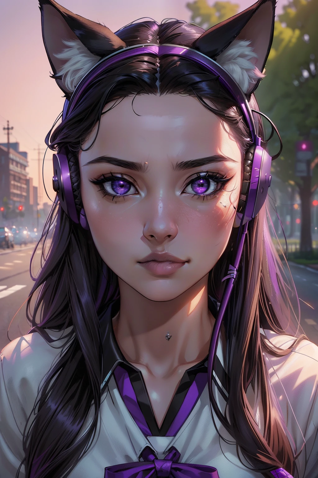 masterpiece:1.4), (best quality:1.2),(photorealistic:1.4), (extremely intricate:1.2),(sharp focus), RAW, ultra super realistic, (high resolution), 8k UHD, (exquisitely detailed), (dramatic light), (beautiful detailed light), (ultra color), (perfect anatomy), best quality, ultra high definition, (cinematic light), professional lighting, Incredibly detailed, (1girl, 21 year old,kpop idol, girl with animal ear headphone on, purple eye, black long hair, wearing school uniform, marvel, outdoor