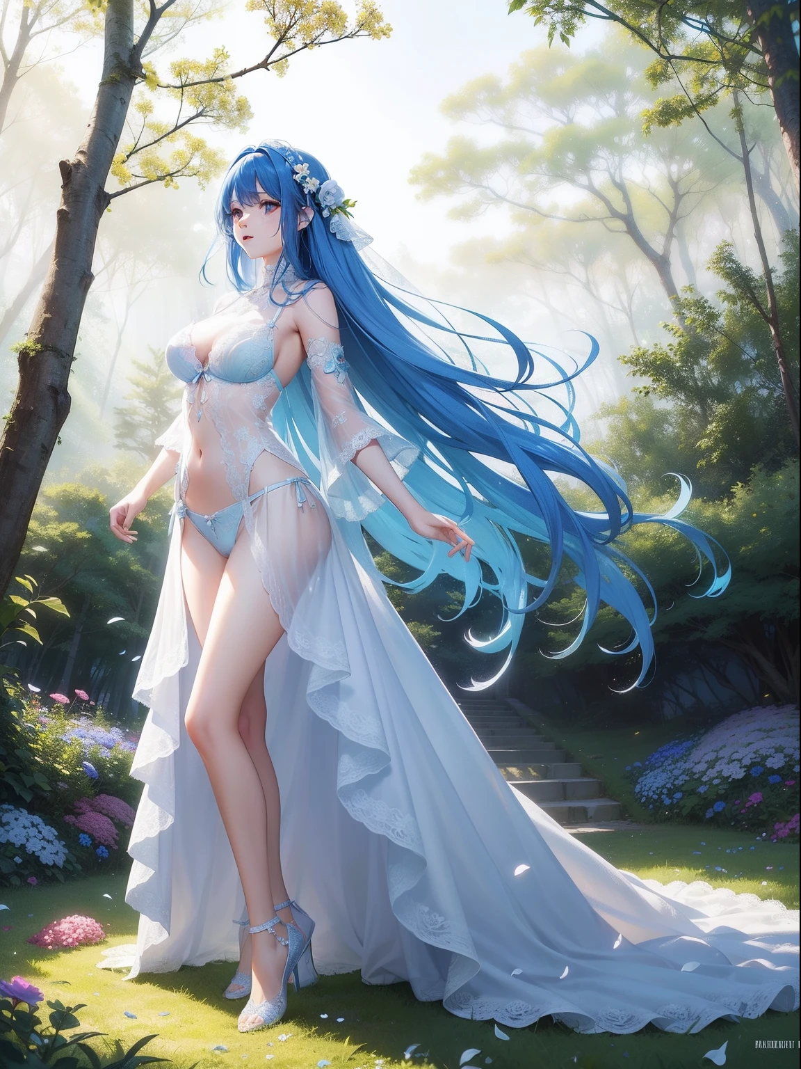 Vivid colors, Fantastic atmosphere, Delicate flowers, Gentle sunshine, a beauty girl,long hair with blue hair, Gentle expression, Fantastic beauty, White lace thin lingerie, Elegant Pose, full body seen、In the forest full of flowers, Quiet atmosphere, artistic composition