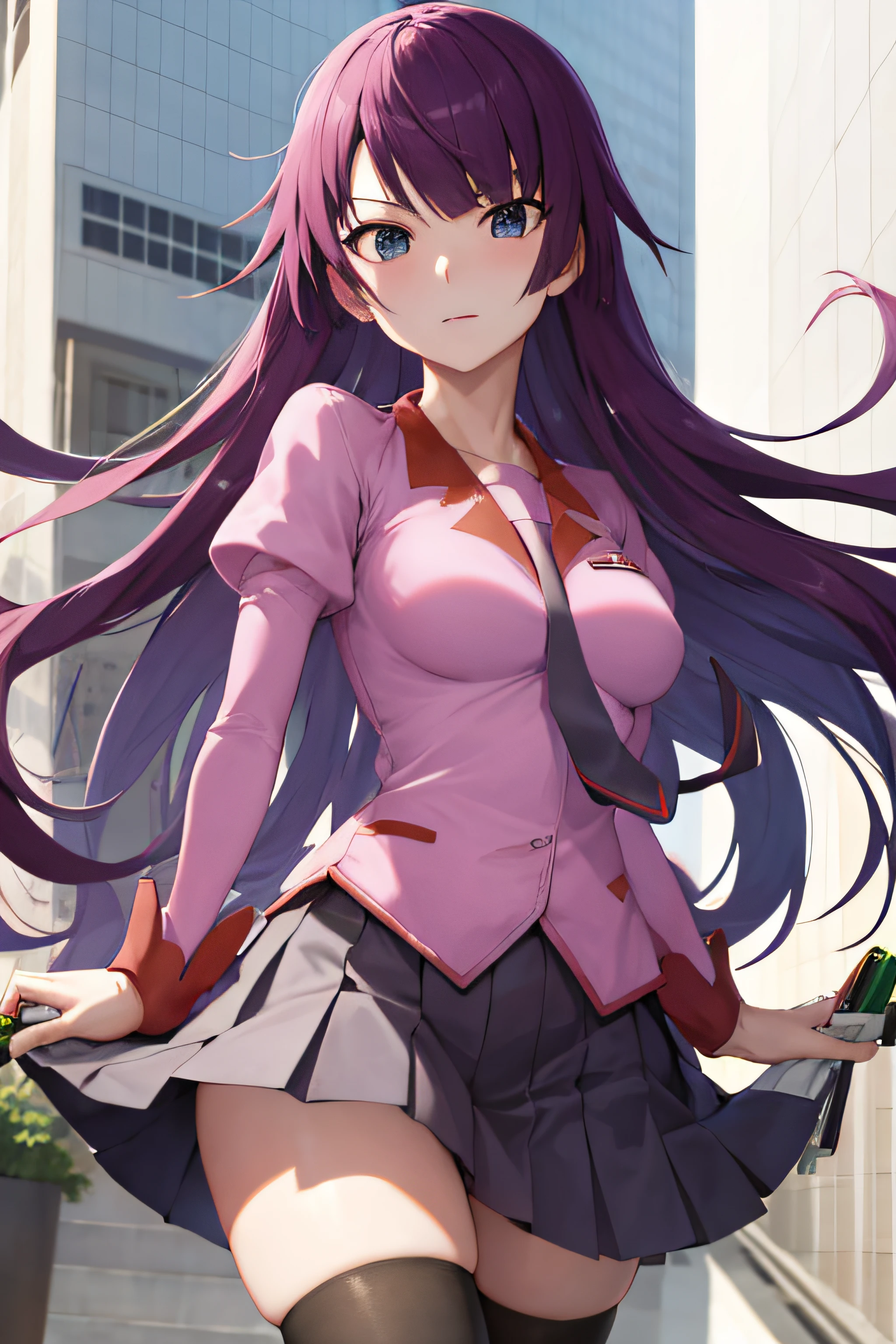 masutepiece, Best Quality, hight resolution, 1girl in, Hitagi Senjogahara, senjougahara hitagi, Long hair, Blue eyes, Purple hair, (medium breasts⁩:1.2), BREAK skirt, thighs thighs thighs thighs, School uniform, neck tie, black thighhighs, zettai ryouiki, naoetsu high school uniform, BREAK looking at viewer, BREAK outside,utility knife,,Aim at the enemy,Face full of murderous look,