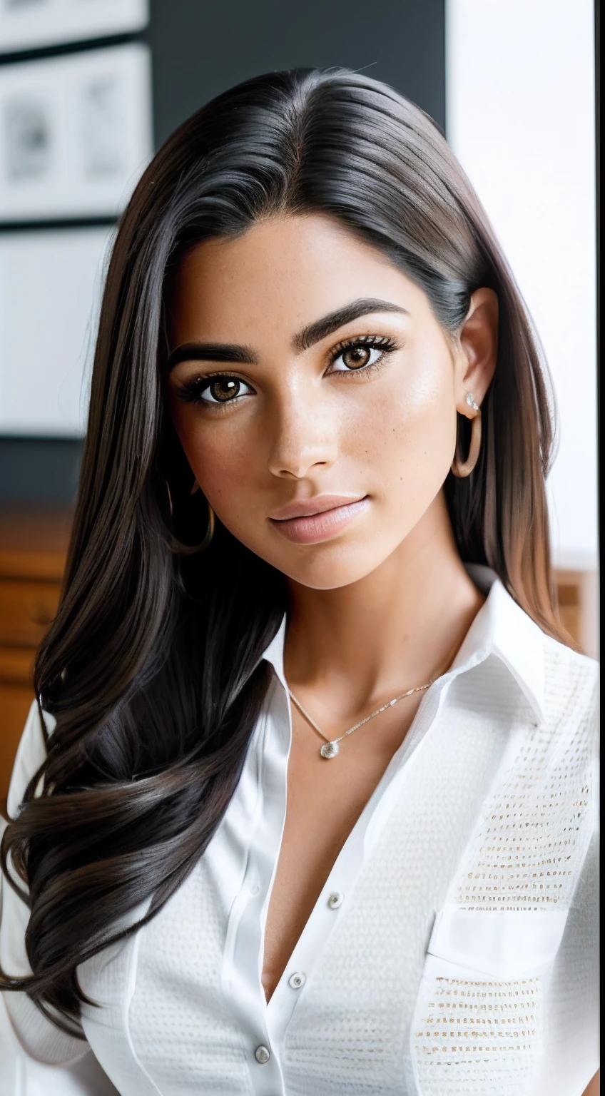 looking forward, looking straight at the camera, shoulders square potrait facing, Woman with realistic black hair, brown skin, light eyes, perfect and flushed lips, 26 years old, dressed in white dress shirt, freckles on the body, (freckles) (textures on the skin) ultra realistic, perfect lighting, photorealistic, highly detailed, perfect, hyperrealistic, real person, lots of sharpness, cinematic lighting, sitting on the desk facing a mandala coloring book, modern calming office room, realistic details, Insane Detail, Natural Lighting, Natural Skin, Wallpaper Resolution: 16 x 9
