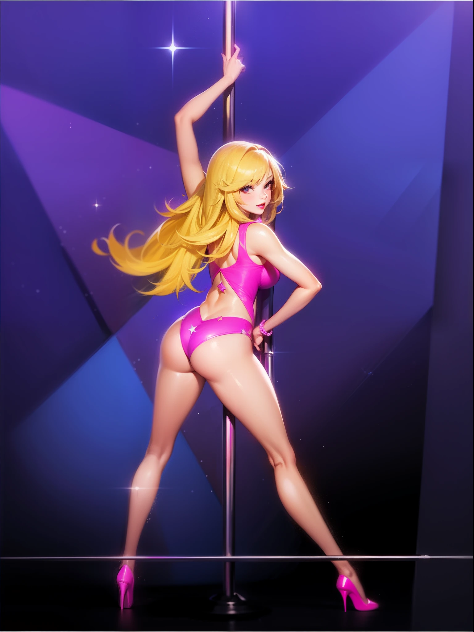 1girl, ass, blonde hair, constellation, diffraction spikes, glint, hand on hip, high heels, lens flare, lipstick, long hair, makeup, pink footwear, pink panties, pole, pole dancing, shooting star, solo, sparkle, sparkle background, spotlight, stage lights, standing, star \(sky\), starry sky, stripper pole