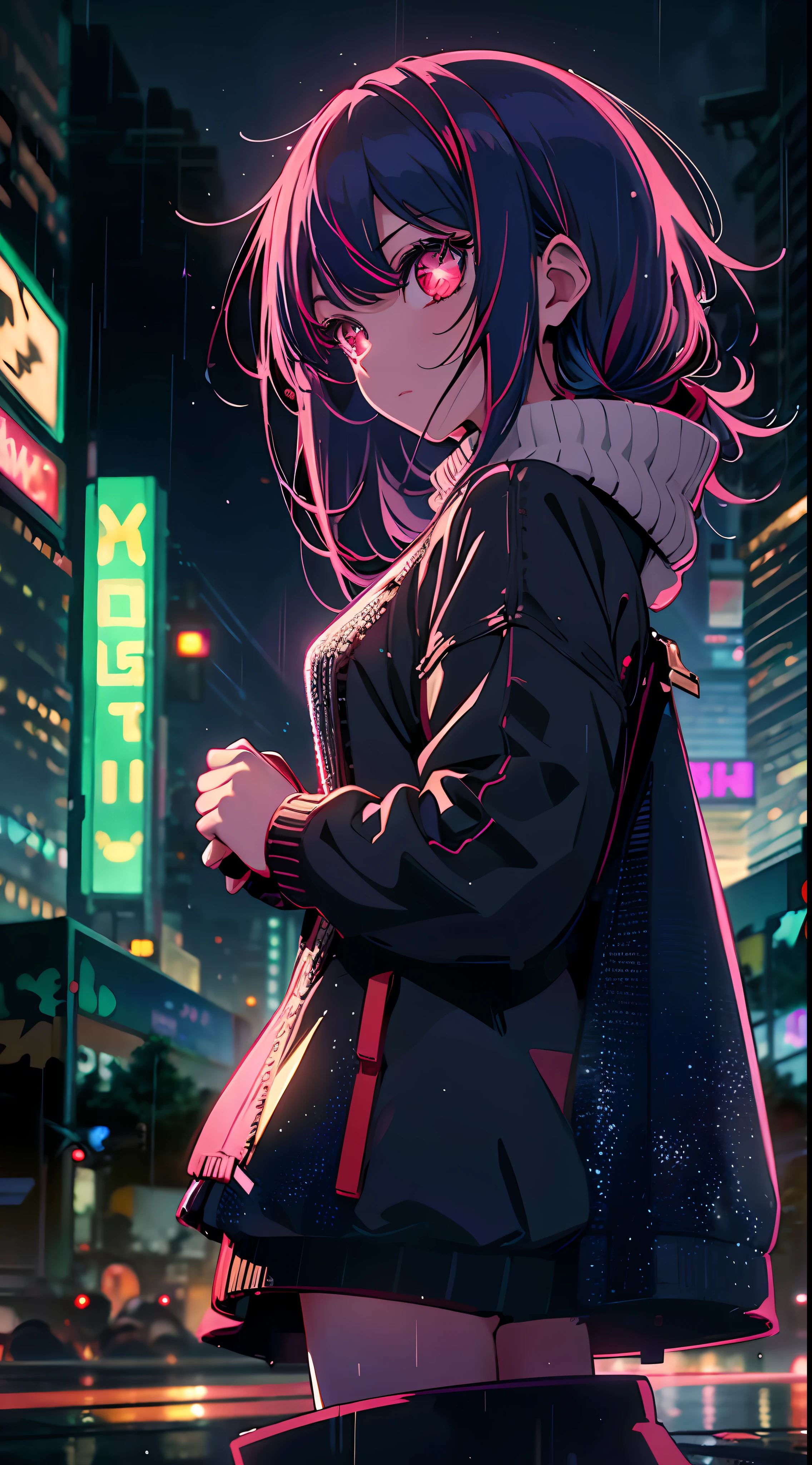 Night, colorful cyberpunk city background, rain, street, teenage girl in cozy sweater, loli, red eyes, glowing eyes, black stockings, backlight, glow, looking at the audience, low angle lens, looking up lens, perfect composition, perfect light and shadow delicate, 8k