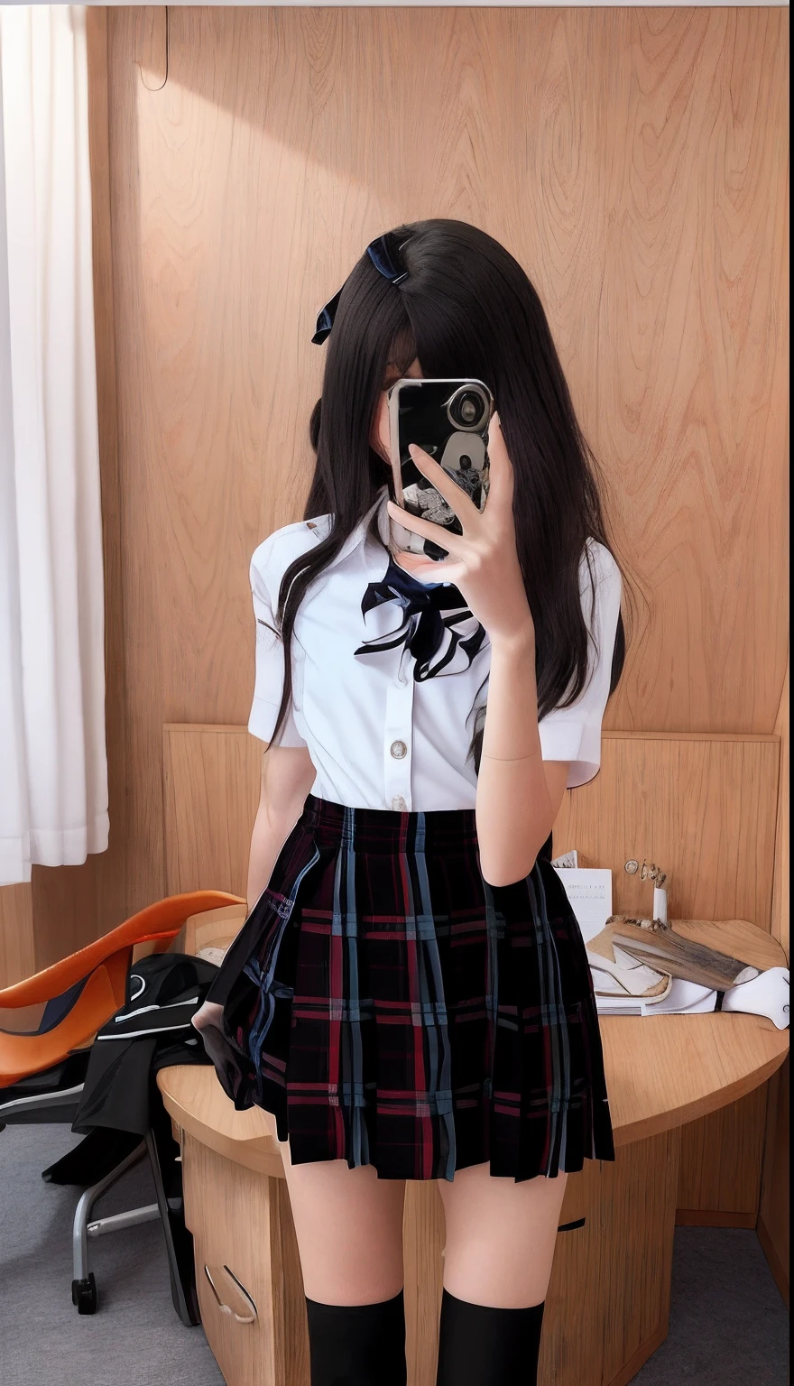 There is a woman taking a picture of herself in her school uniform, JK school uniform, Surrealism female students, ulzzangs, Magical school student uniform, in school uniform, Surrealism female students, cute female student, seifuku, female student, Realistic schoolgirl, in school uniform, dressed as schoolgirl, Japanese school uniform, magic school uniform