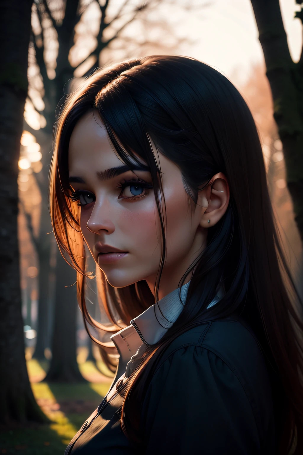 Beautiful lady portrait with a background of trees in silhouette, hyperrealistic, long exposure photography effect, 2k