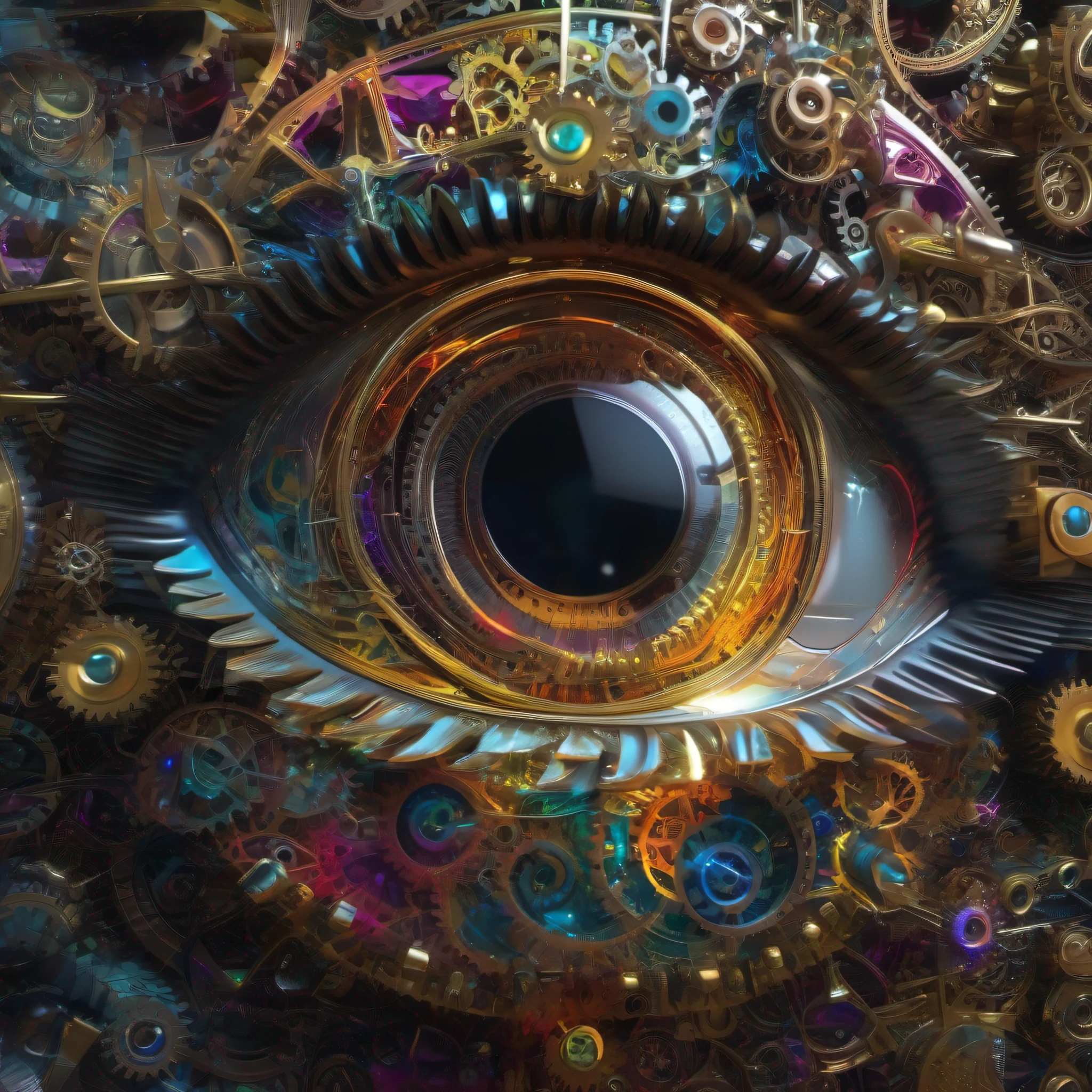 (close up of android eyes), The eye is made up of many gears, Colorful sparks are flying from the gears, surrealistic composition, extreme detailed, (fractal art:1.3), colorful, (photorealistic:1.4), Best quality, 8k, Masterpiece, raw photo