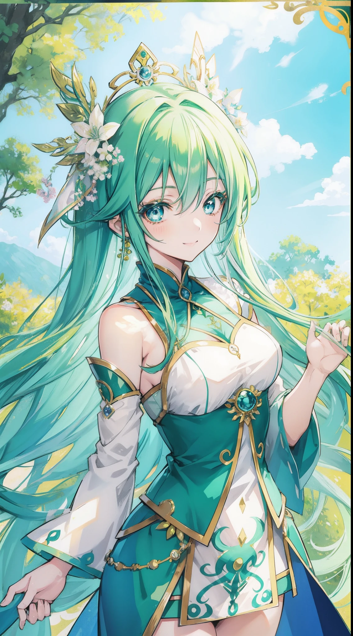 Anime goddess, green-vibrant hair, charming blue eyes, smiles gracefully and uniquely, looks like an anime-artsyle tarot card.