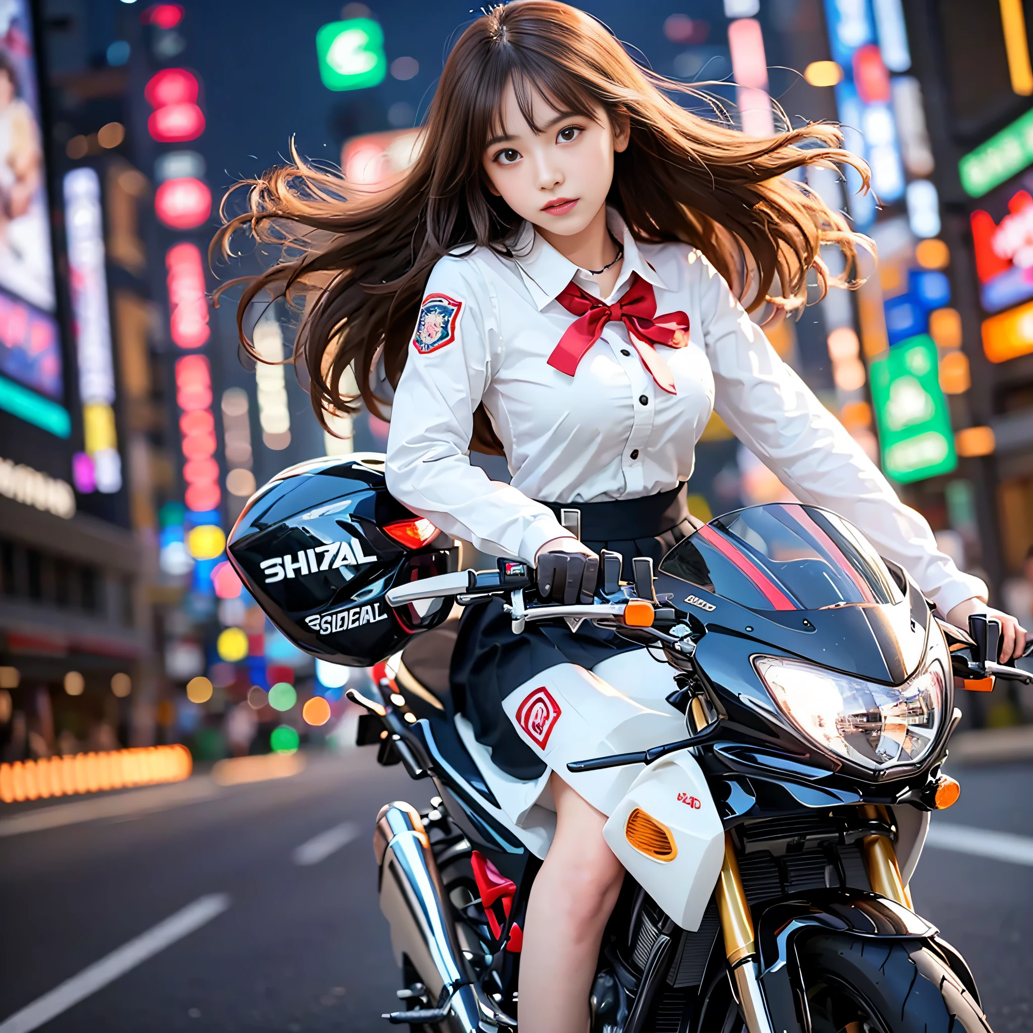 RAW image quality, Highest Quality, Outstanding detail, Ultra-high resolution, (fidelity: 1.4), Best Illustration, favor details, Highly condensed 1girl, with a delicate and beautiful face, (Wearing Japan school uniform), holding a directional controller, (Riding a racing motorcycle), The background is a high-tech neon scene of a futuristic city, Bokeh background,