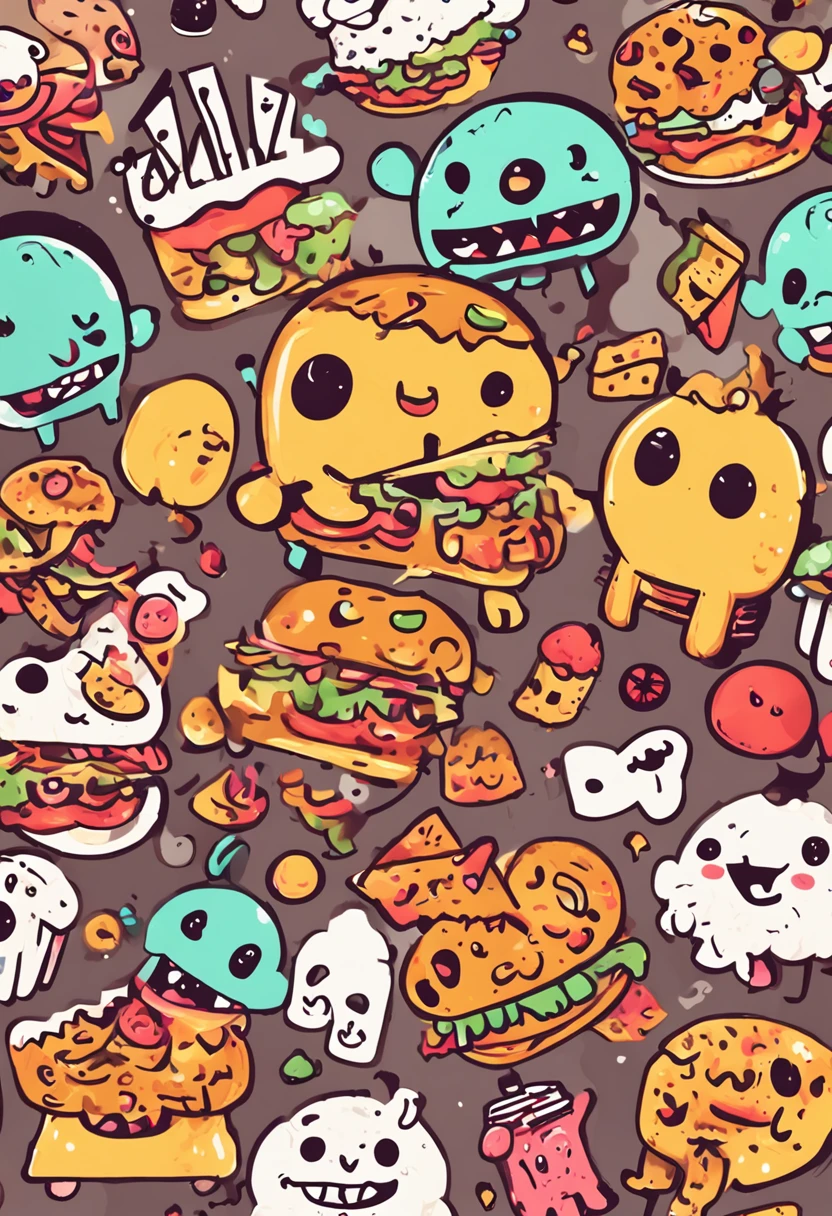 The style adopts cartoon cute monster shape,The colors are bright and exaggerated。The monster has an exaggerated large mouth and fangs,The expression is funny and funny。It opens its mouth wide,The eyes look greedily at the food。The body is round and rolling,Short limbs。Surrounded by burgers、pizza、Various foods such as ice cream。Both monsters and food are rendered in anime,Enhance playability and intimacy。The whole scene is brightly toned,Fun and engaging。The text is in cute fonts,Match the monster look。The entire motif combination highlights the concept of "foodie monsters",For business logos and brand identity。