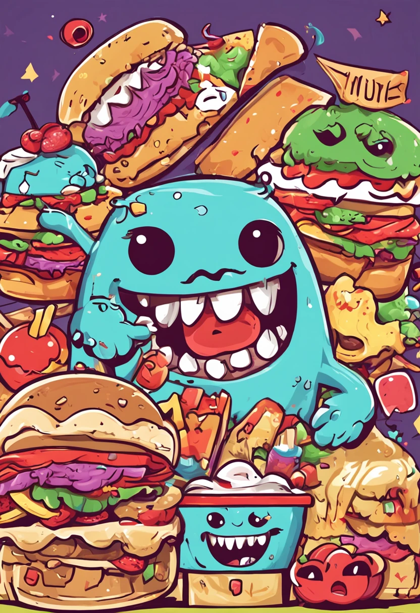 The style adopts cartoon cute monster shape,The colors are bright and exaggerated。The monster has an exaggerated large mouth and fangs,The expression is funny and funny。It opens its mouth wide,The eyes look greedily at the food。The body is round and rolling,Short limbs。Surrounded by burgers、pizza、Various foods such as ice cream。Both monsters and food are rendered in anime,Enhance playability and intimacy。The whole scene is brightly toned,Fun and engaging。The text is in cute fonts,Match the monster look。The entire motif combination highlights the concept of "foodie monsters",For business logos and brand identity。