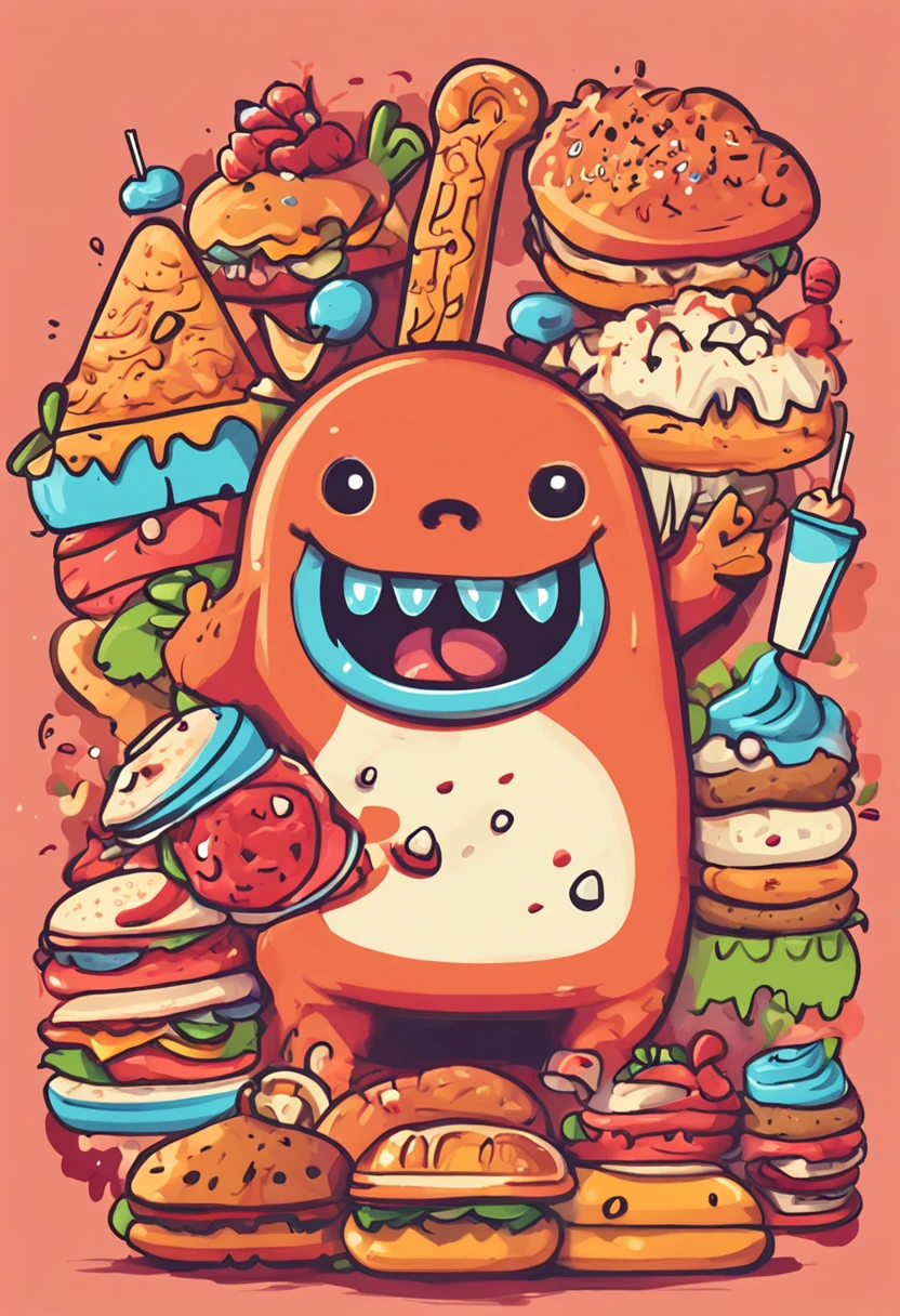 The style adopts cartoon cute monster shape,The colors are bright and exaggerated。The monster has an exaggerated large mouth and fangs,The expression is funny and funny。It opens its mouth wide,The eyes look greedily at the food。The body is round and rolling,Short limbs。Surrounded by burgers、pizza、Various foods such as ice cream。Both monsters and food are rendered in anime,Enhance playability and intimacy。The whole scene is brightly toned,Fun and engaging。The text is in cute fonts,Match the monster look。The entire motif combination highlights the concept of "foodie monsters",For business logos and brand identity。