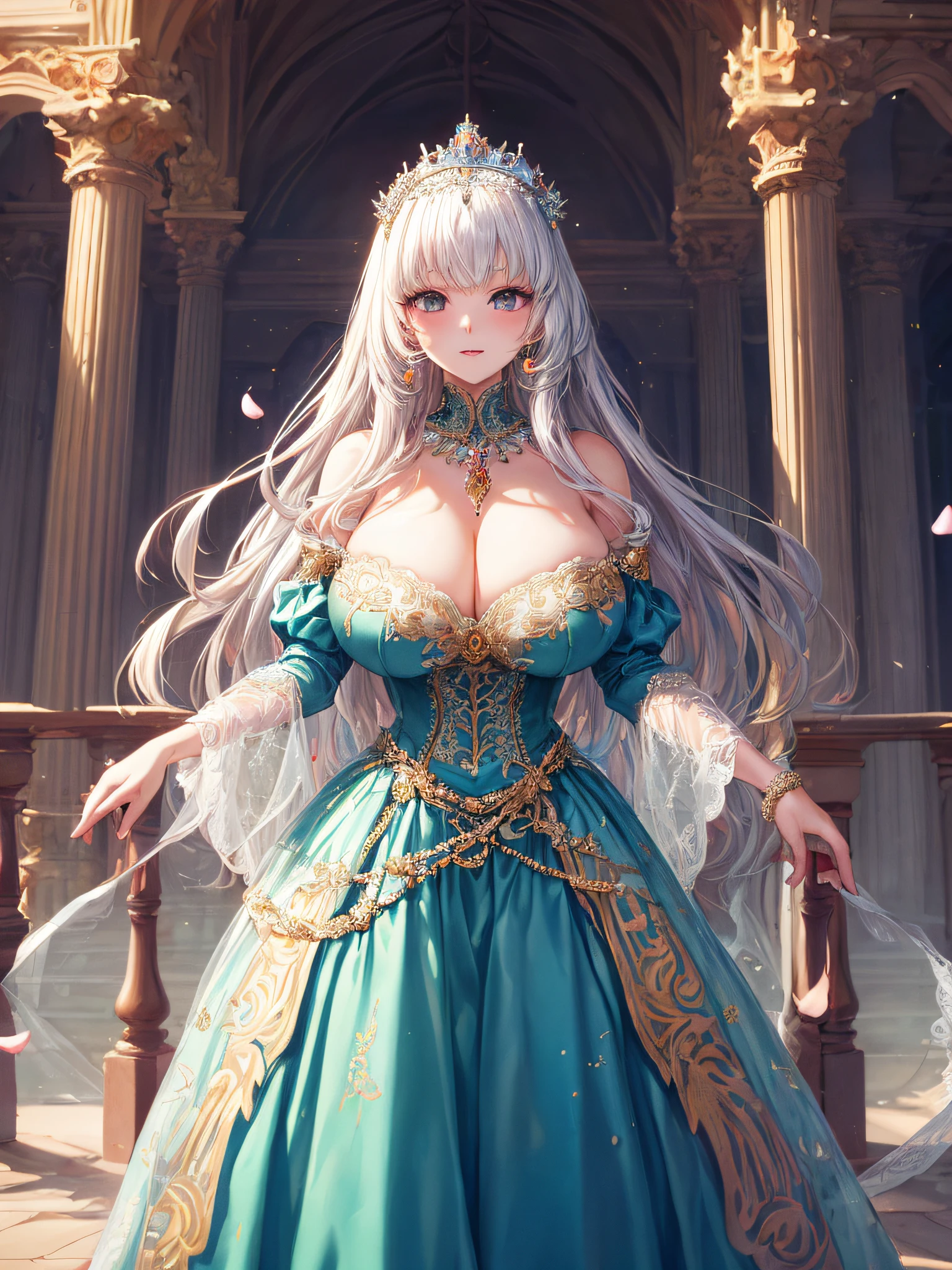 (masterpiece, best quality,extremely detailed,moe anime art style:1.2),1girl, (solo), cute, kawaii,digital art,((1 bling-bling anime princess wearing beautiful embroidery and jeweled gorgeous princess ballgown with voluminous full length hoop skirt)),((crinoline)),long train,voluminous frills,(gorgeous embroidery and beautiful lace),(very gigantic boobs,cleavage,skindentation),((shiny hair,absurdly voluminous straight hair,absurdly Long Hair)),(finely detailed face and eye),clear pupil,(bling-bling extremely gorgeousfull jeweled tiara),((bling-bling gorgeous gemstone jewelry)),long veil,((standing in beautiful garden)),flowers,flower petals flowing,standing pose,(dynamic angle),((beautiful embroidery and jeweled gorgeous princess ballgown with voluminous full length hoop skirt))