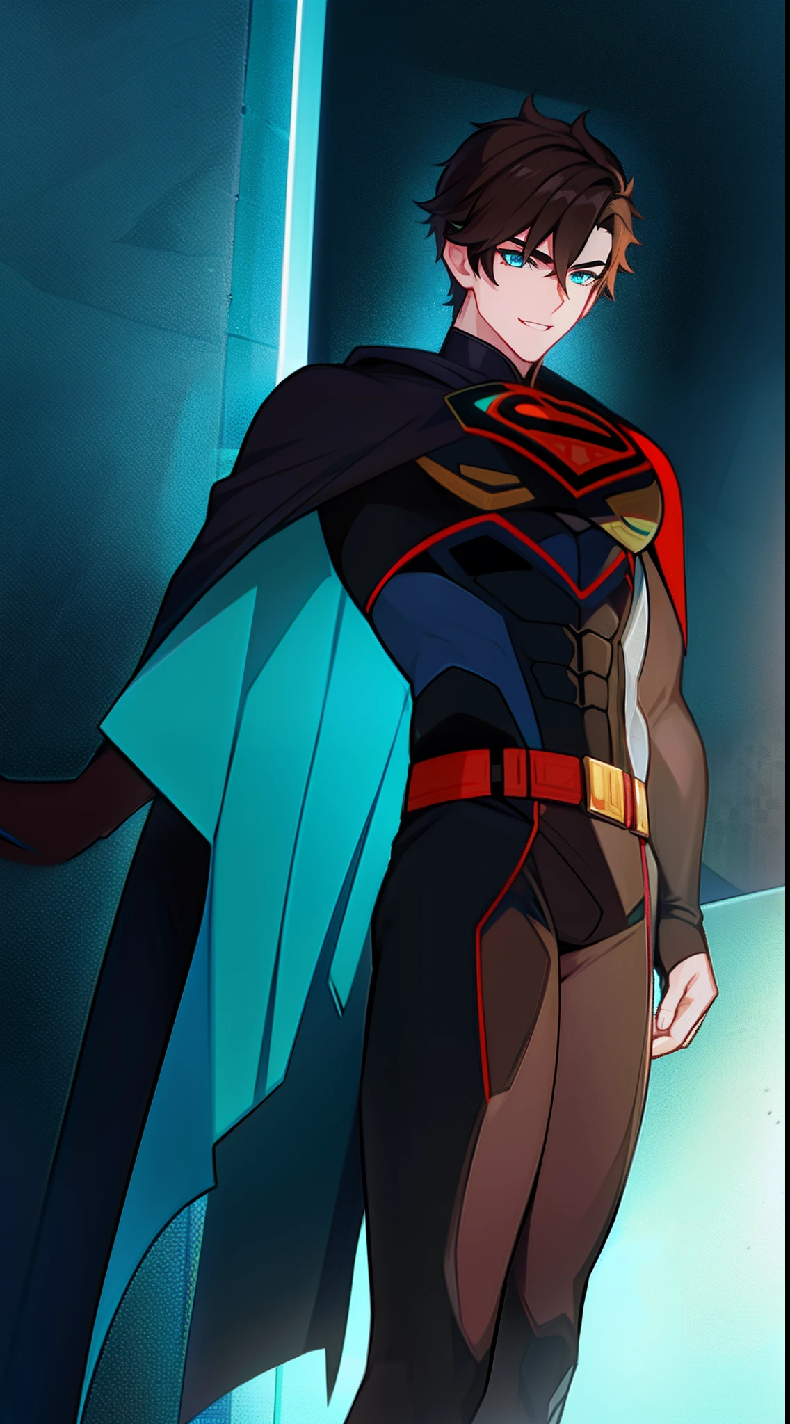 Young guy, short brown hair, Cyan eyes, brawn, Black Superman Costume, ssmile, Masterpiece, hiquality