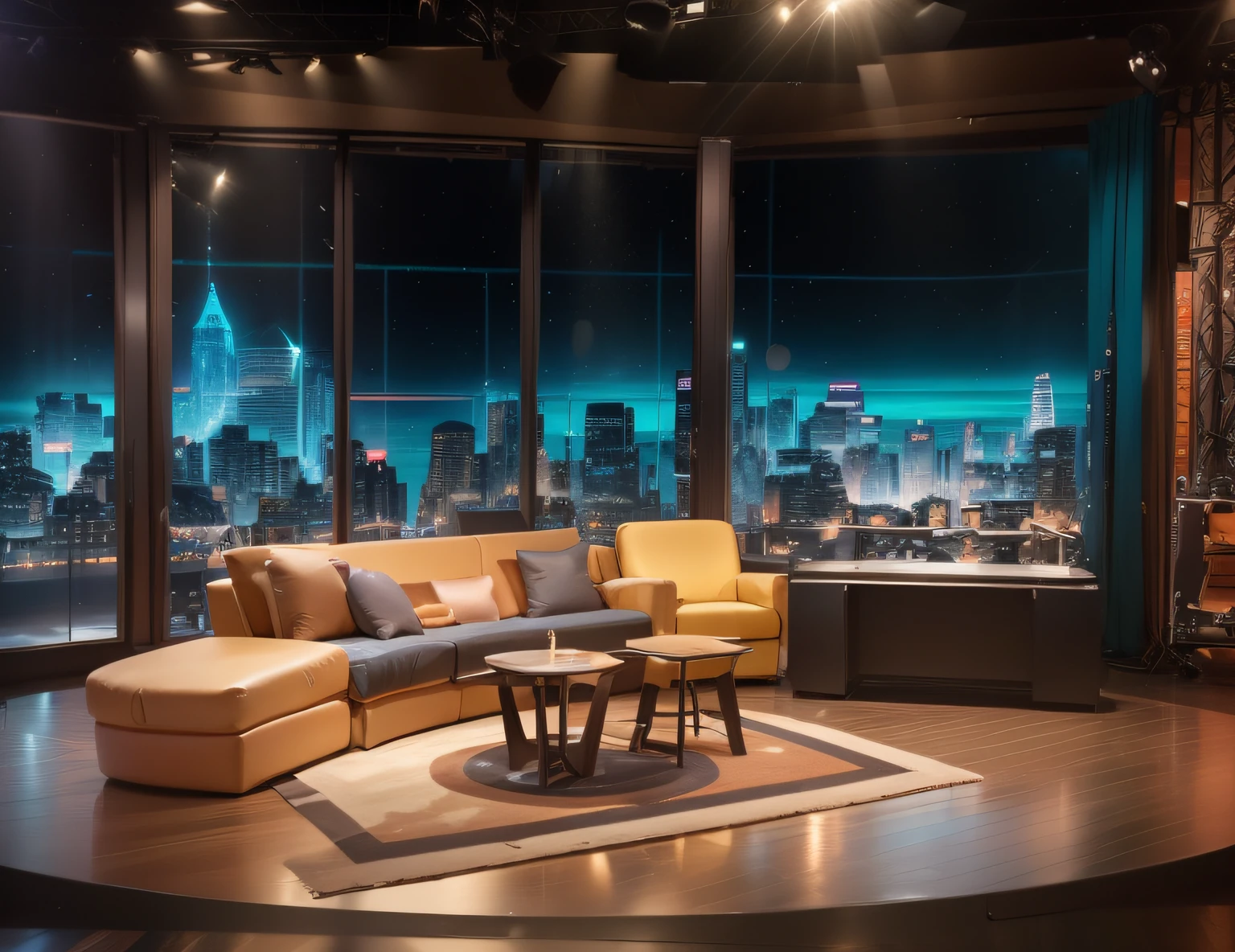 "Talkshow set in a vibrant and energetic studio, with a charismatic host and diverse guests representing various fields. Engaging conversations, laughter, and thought-provoking discussions. Dynamic camera angles capturing the host's enthusiasm and guests' reactions. Professional lighting highlighting the stage and creating a lively atmosphere. Well-designed stage props and backdrops adding visual interest. Microphones, cameras, and production equipment seamlessly blending into the set. +"