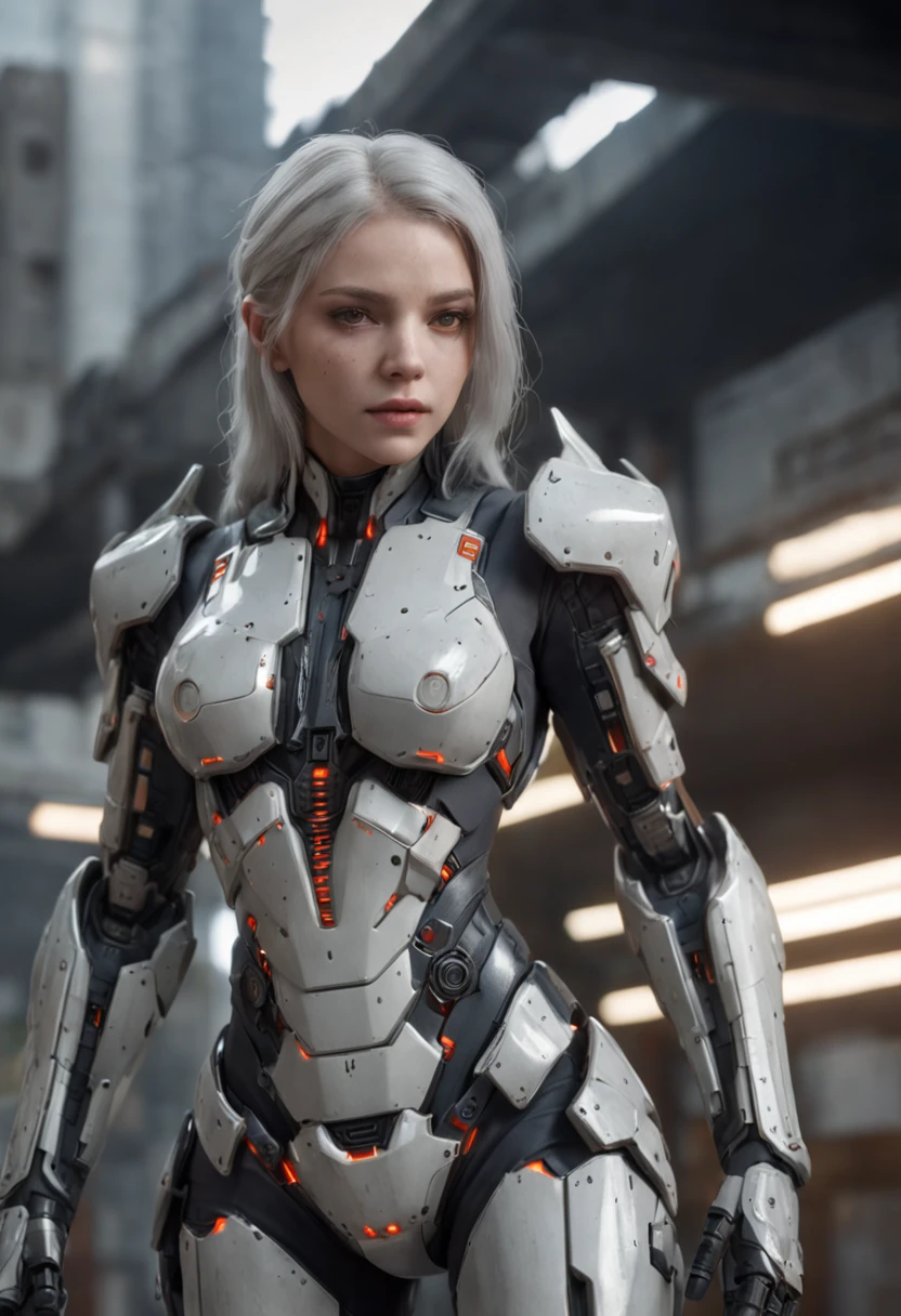 ((Best Quality)), ((Masterpiece)), (Very Detailed:1.3), 3D, Shitu-mecha, Beautiful cyberpunk woman wearing a crown with her mecha in ruins of a city of forgotten wars, streets with mecha in firefight, long silver hair, sci-fi technology, HDR (High Dynamic Range), ray tracing, NVIDIA RTX, super resolution, Unreal 5, subsurface scattering, PBR texture, post-processing, anisotropic filtering, depth of field, maximum sharpness and sharpness, Multi-layer textures, albedo and specular maps, surface shading, accurate simulation of light-material interactions, perfect ratios, octane rendering, duotone lighting, low ISO, white balance, rule of thirds, wide aperture, 8K RAW, efficient sub-pixels, subpixel convolution, luminous particles, light scattering, Tyndall effect