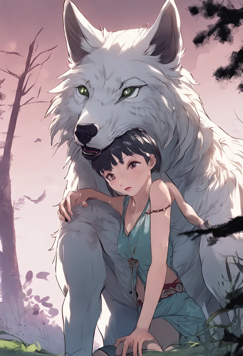 A girl, short hair, green eyes, fully naked, playing with a white wolf, moonlit night on a hill