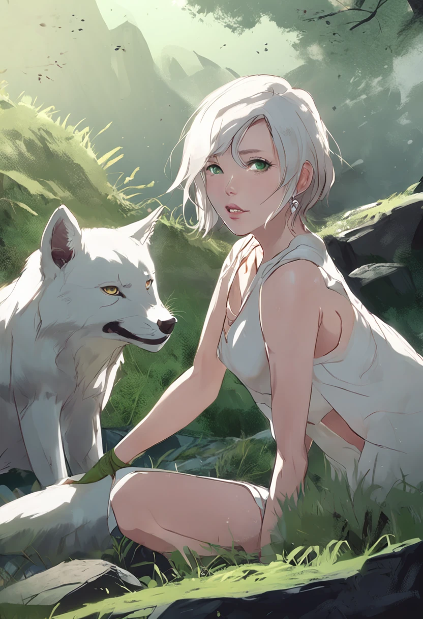 A girl, short hair, green eyes, fully naked, playing with a white wolf, moonlit night on a hill