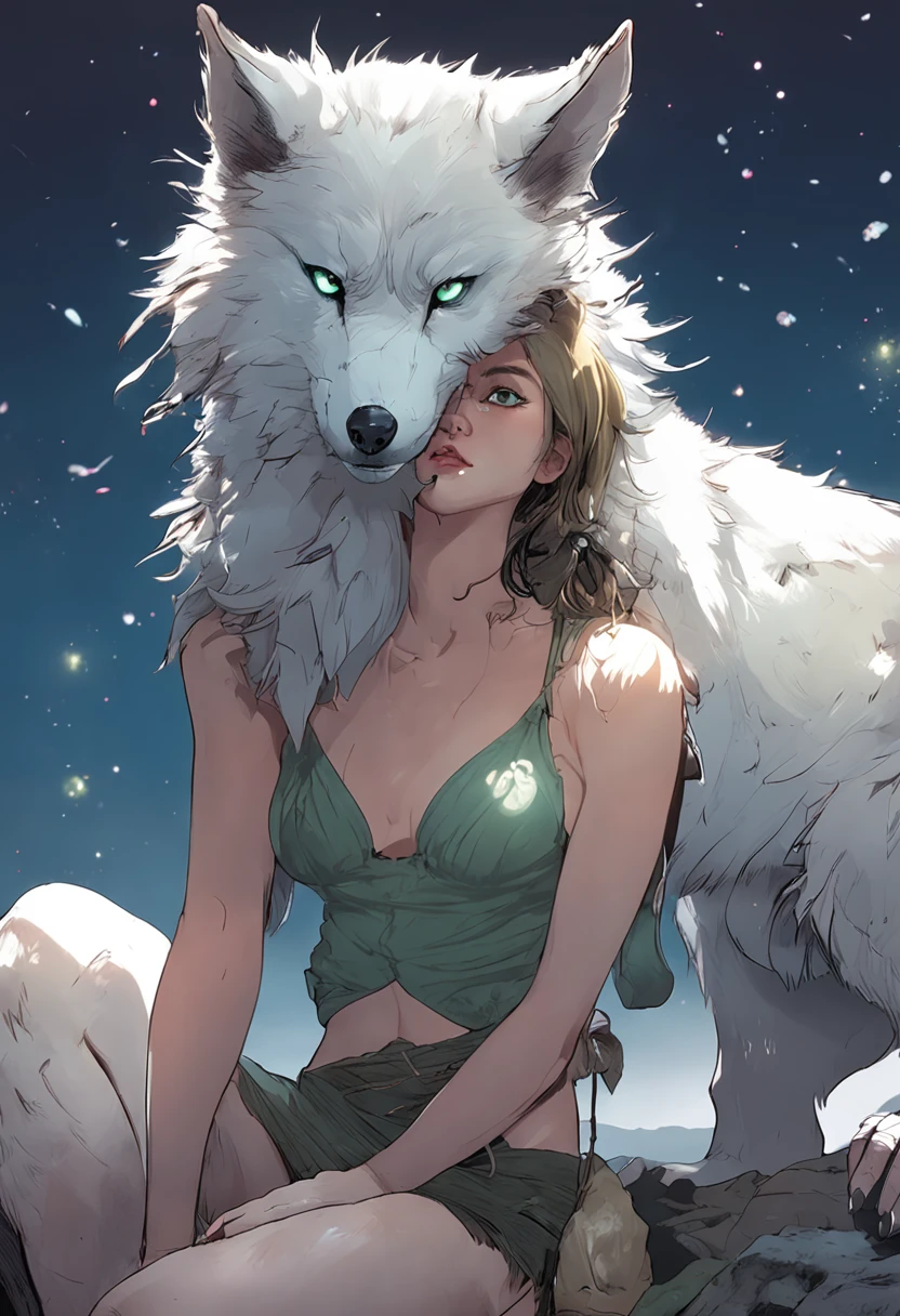 A girl, short hair, green eyes, fully naked, playing with a white wolf, moonlit night on a hill