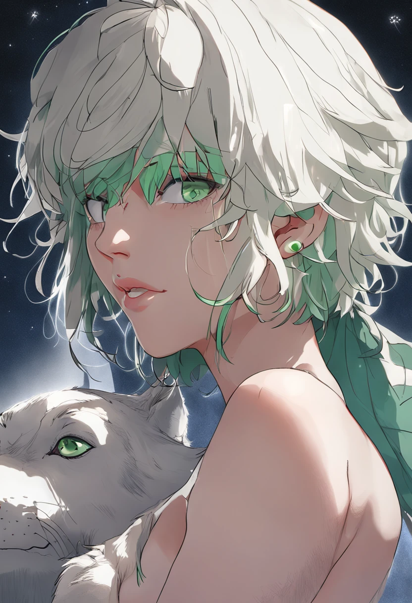 A girl, short hair, green eyes, fully naked, playing with a white wolf, moonlit night on a hill