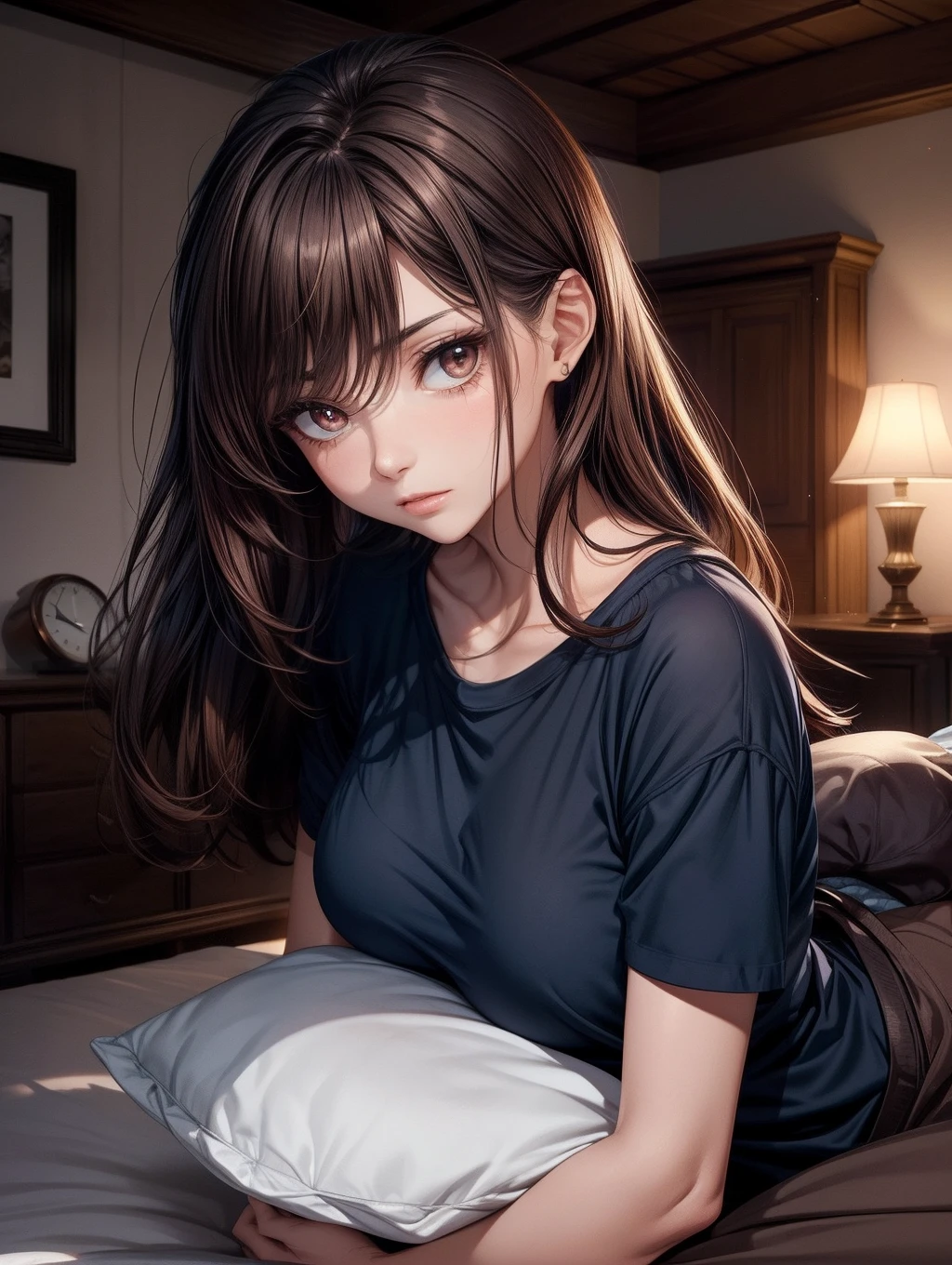 Best Quality, masutepiece, beautiful mature women、Beautiful face、Strong-minded woman、tshirts、Dark blue underwear、brown haired、Brown-eyed、Longhaire、Undersized eyes、Full body like、on the beds、Unkempt hair、Holding a pillow、nigh sky、darkened room